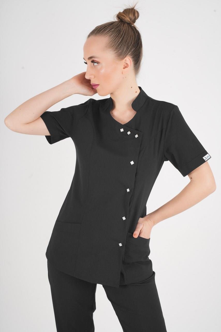 Aylu Model Soft Likra Siyah Hemşire Doktor Aşçı Scrubs Üniforma Takımı-Nur Medikal Giyim