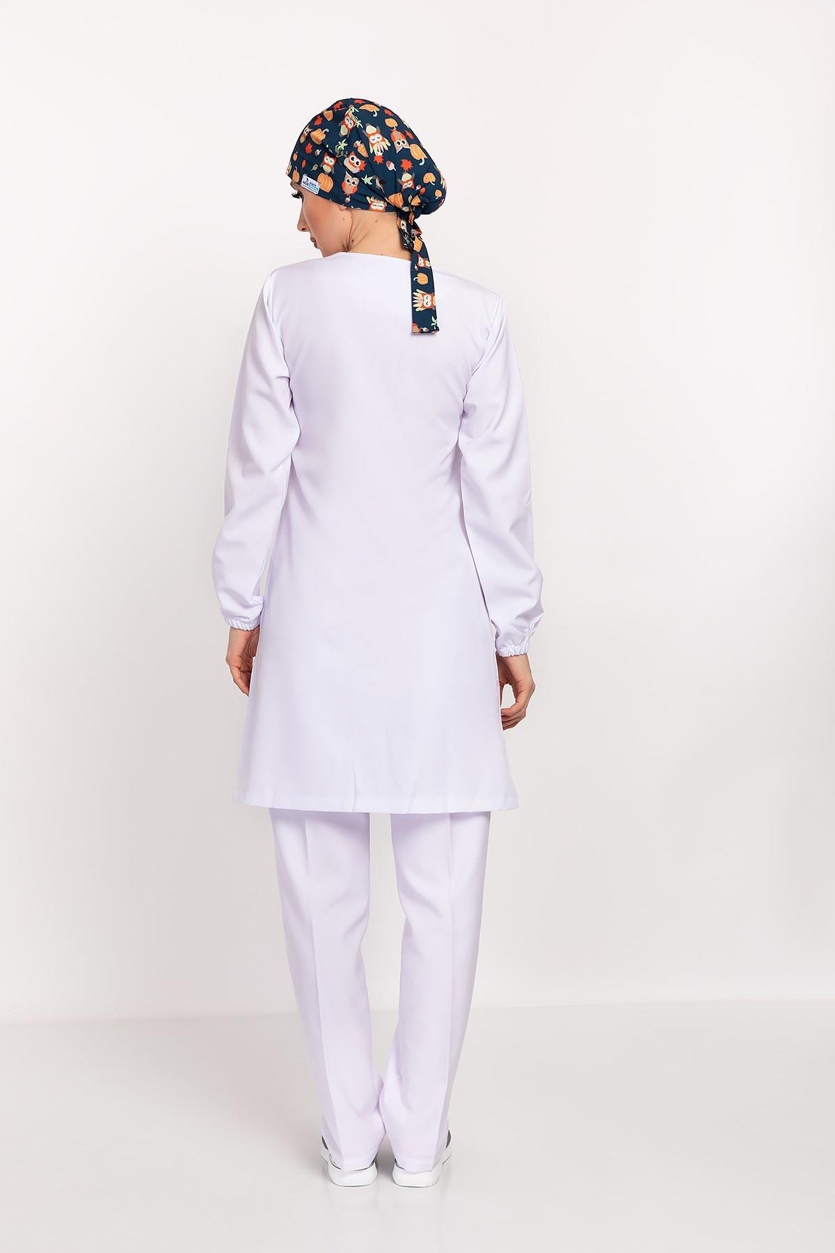 Badem Model Soft Likra Fermuarlı Beyaz Renk Cerrahi Üniforma Takım-Nur Medikal Giyim