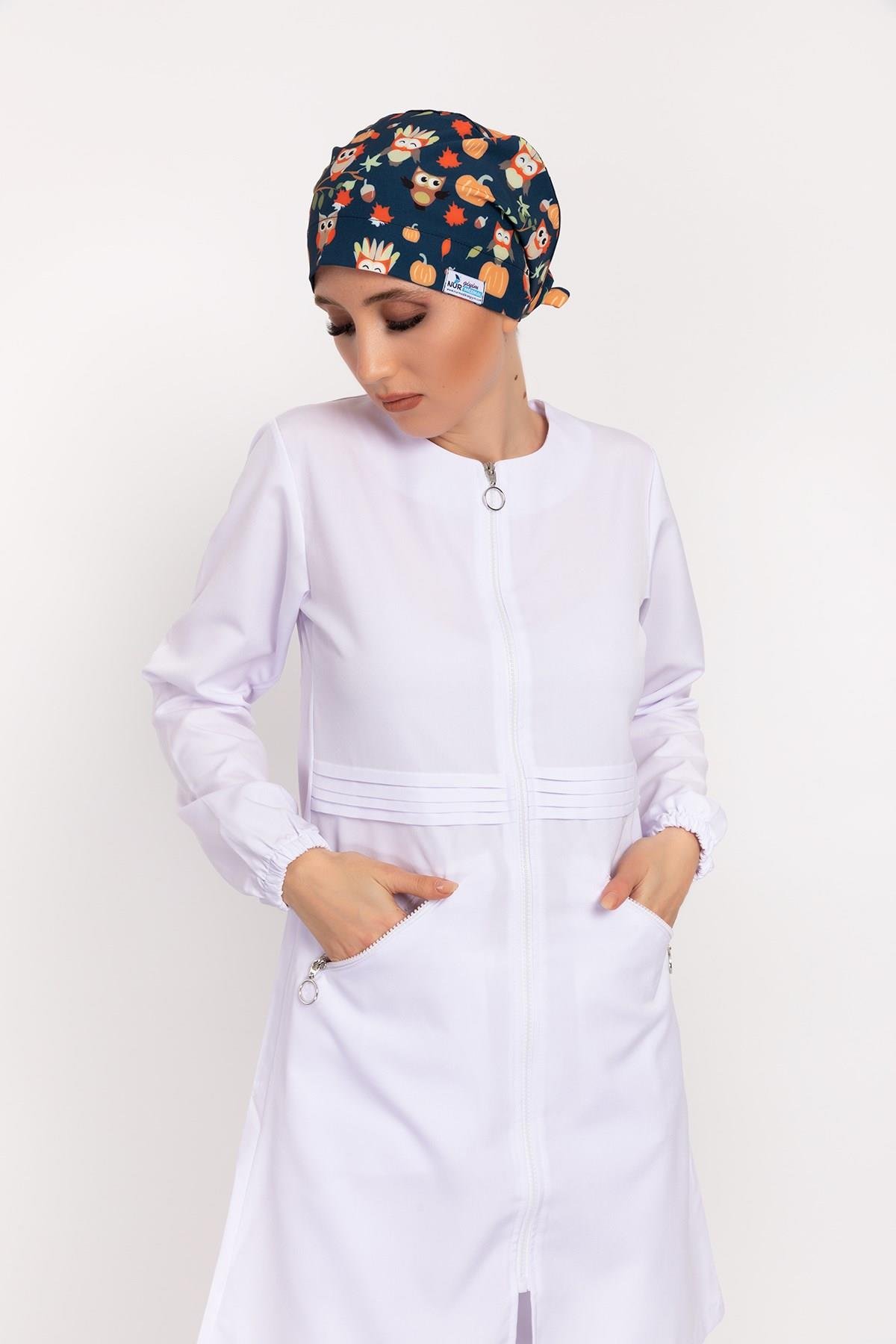 Badem Model Soft Likra Fermuarlı Beyaz Renk Cerrahi Üniforma Takım-Nur Medikal Giyim