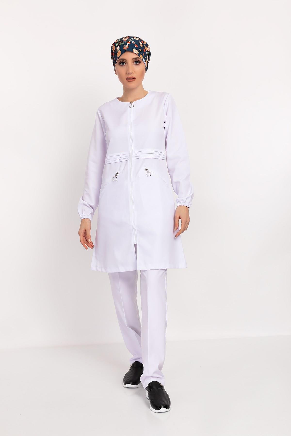 Badem Model Soft Likra Fermuarlı Beyaz Renk Cerrahi Üniforma Takım-Nur Medikal Giyim