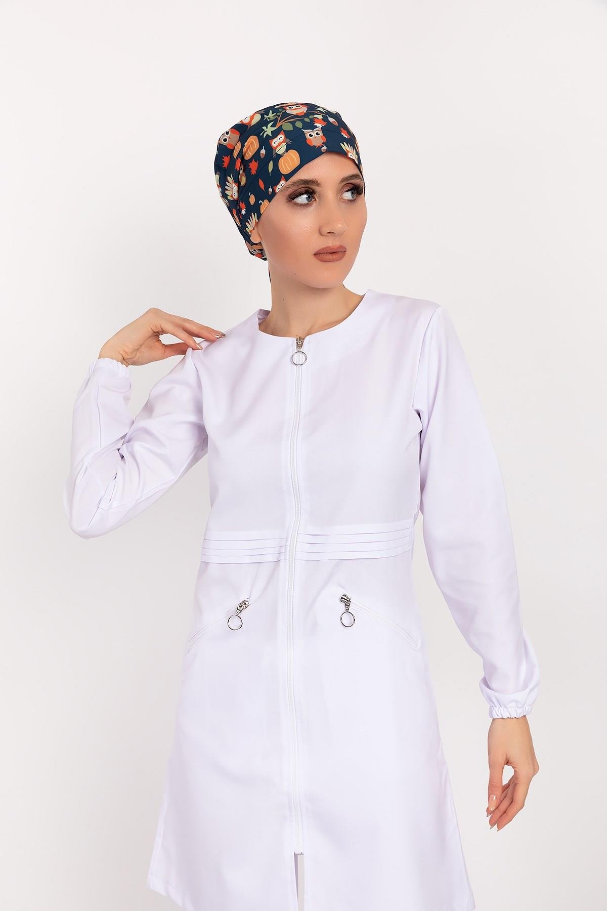 Badem Model Soft Likra Fermuarlı Beyaz Renk Cerrahi Üniforma Takım-Nur Medikal Giyim