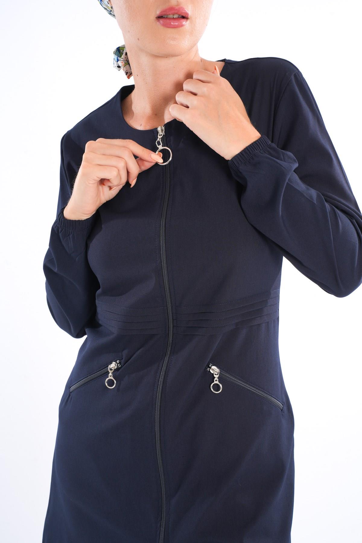 Badem Model Soft Likra Fermuarlı Lacivert Renk Cerrahi Üniforma Takım-Nur Medikal Giyim