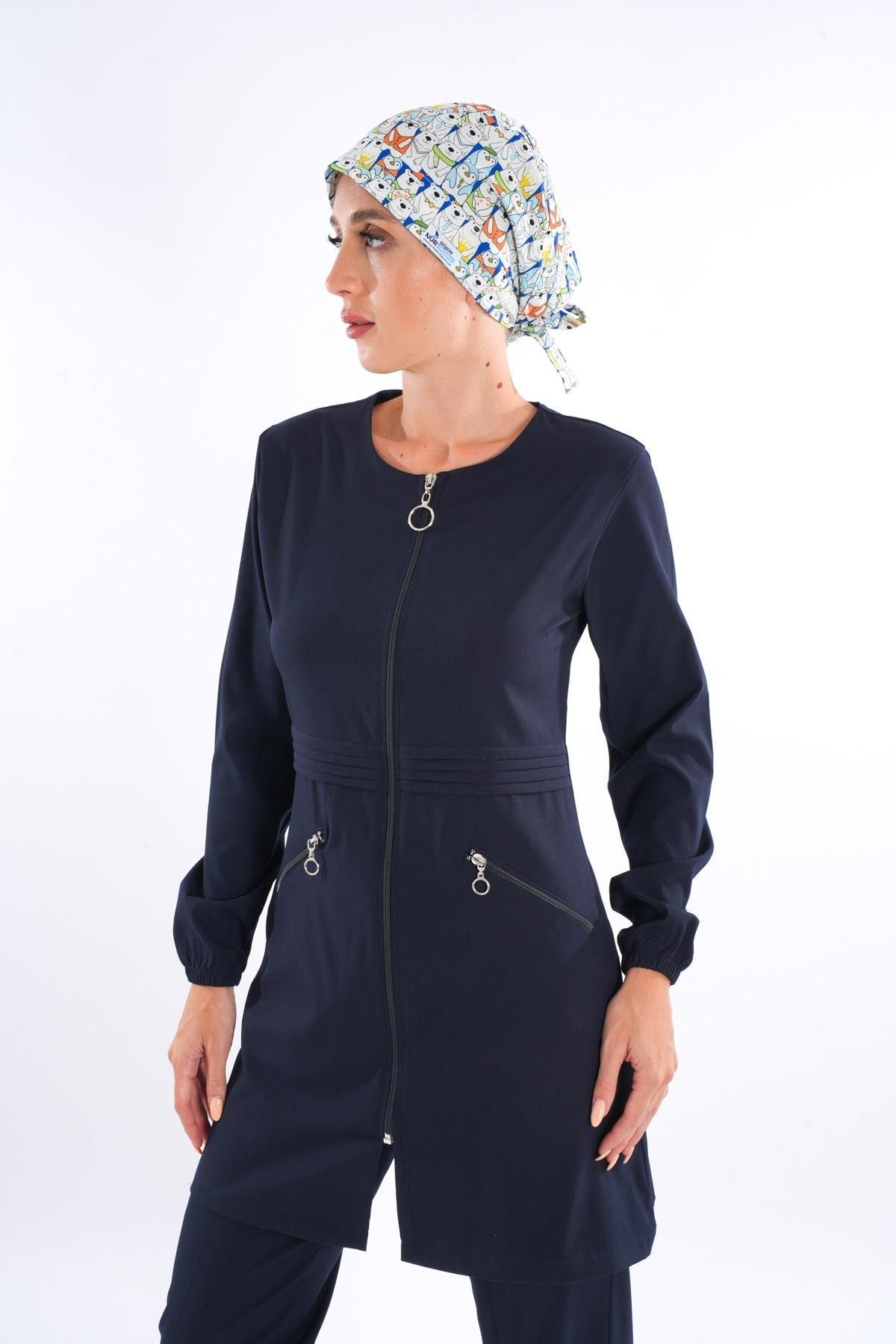 Badem Model Soft Likra Fermuarlı Lacivert Renk Cerrahi Üniforma Takım-Nur Medikal Giyim