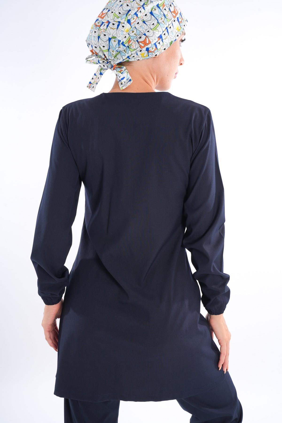 Badem Model Soft Likra Fermuarlı Lacivert Renk Cerrahi Üniforma Takım-Nur Medikal Giyim