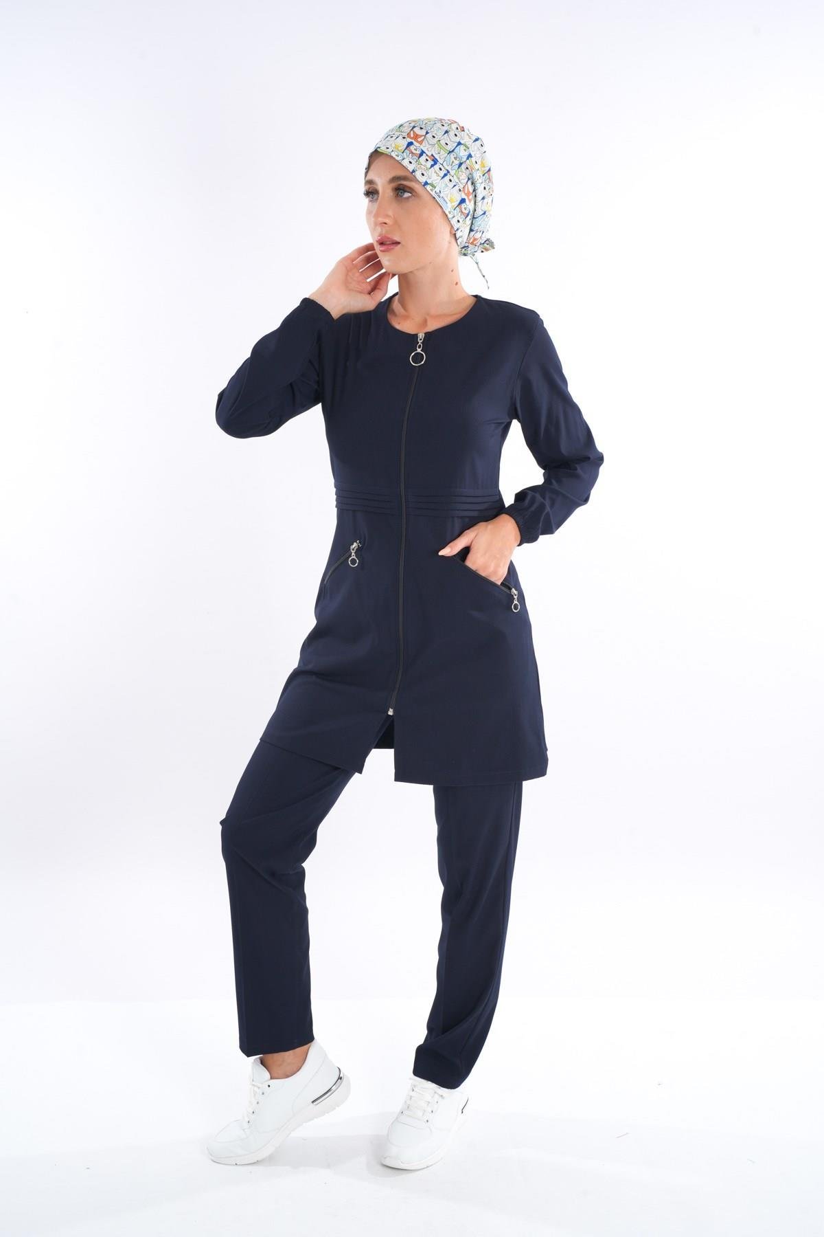 Badem Model Soft Likra Fermuarlı Lacivert Renk Cerrahi Üniforma Takım-Nur Medikal Giyim