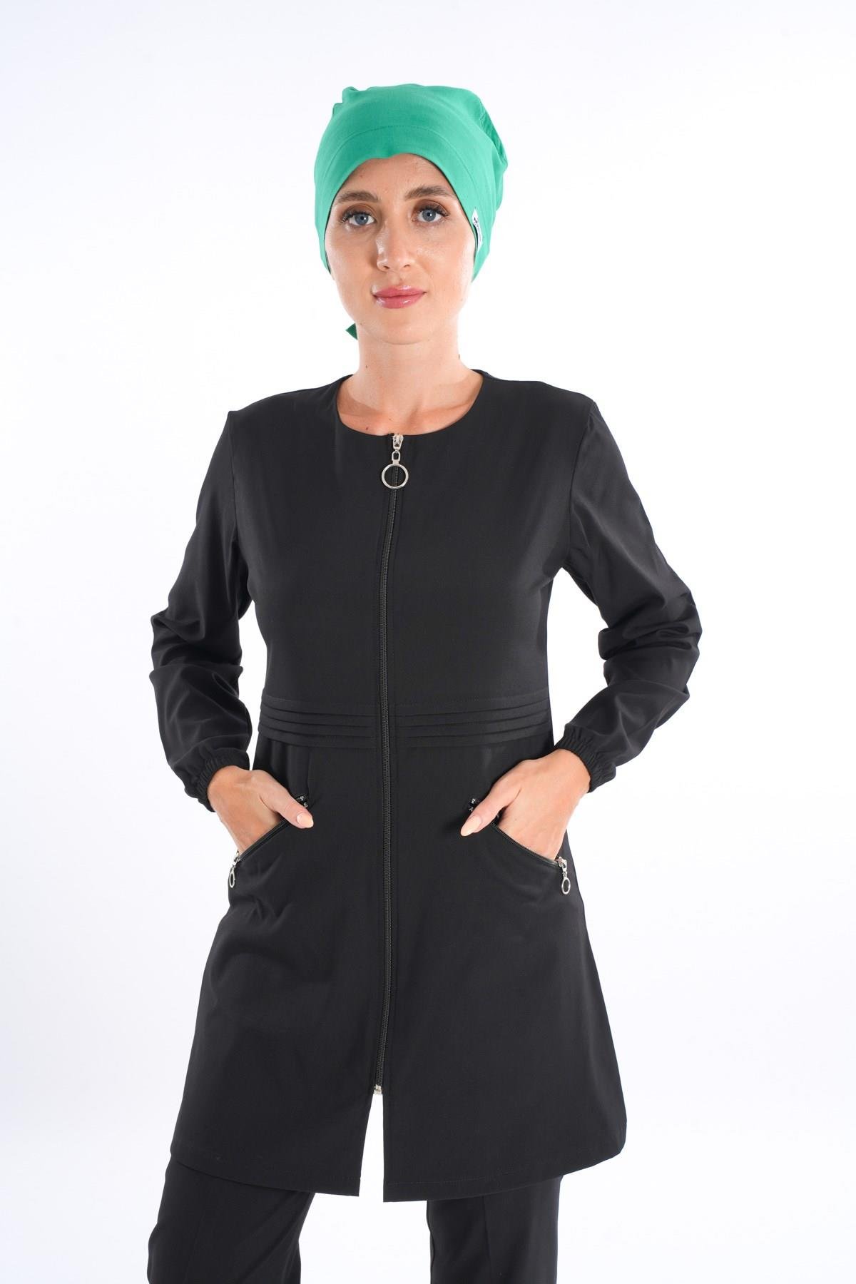 Badem Model Soft Likra Fermuarlı Siyah Renk Cerrahi Üniforma Takım-Nur Medikal Giyim