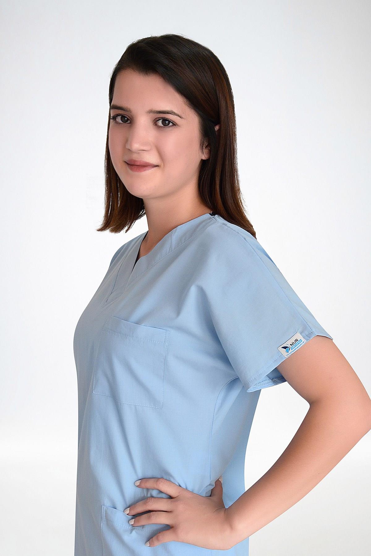 Bebe Mavi Likralı Doktor Hemşire Hastane Cerrahi Tek Üst Forma-Nur Medikal Giyim
