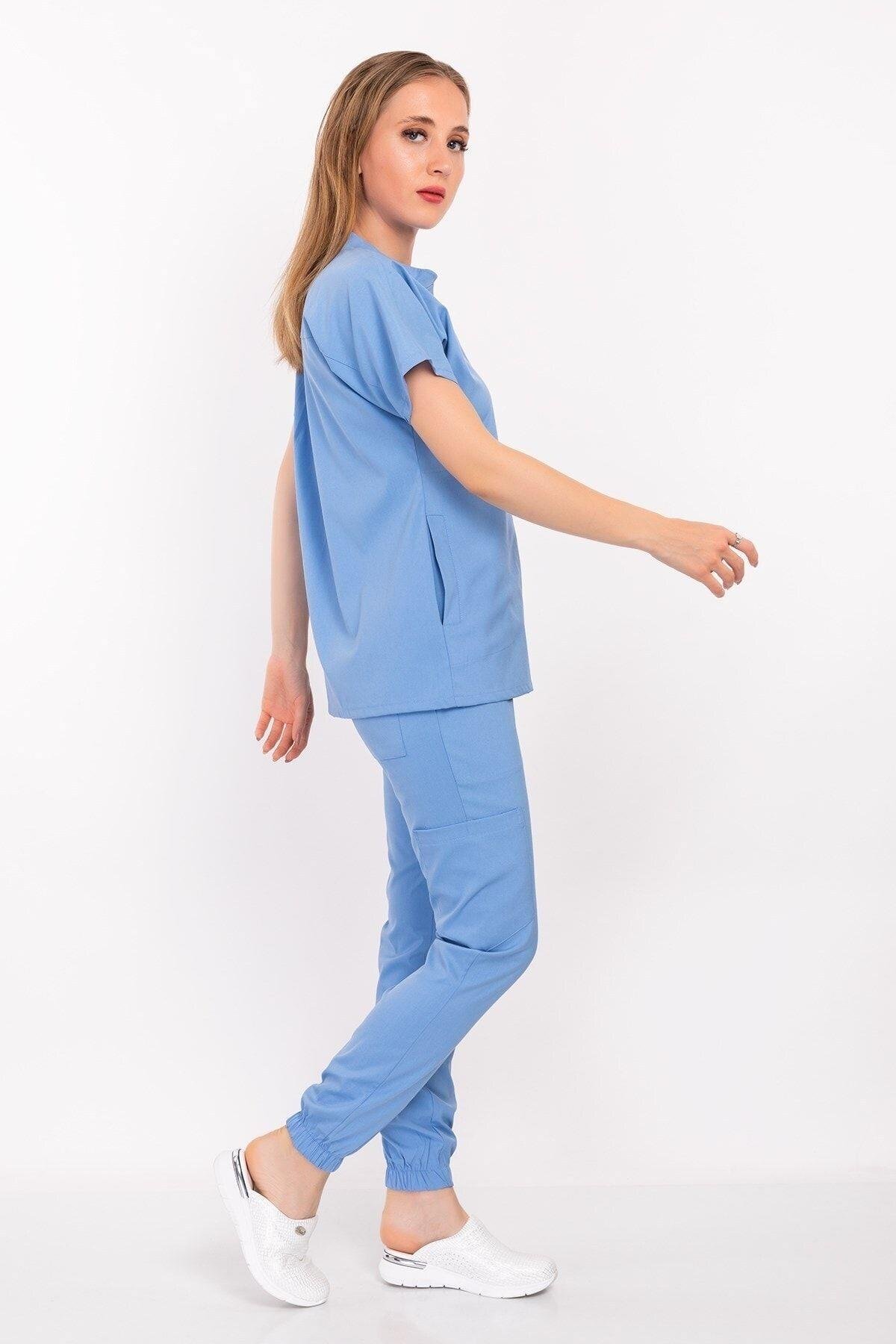 Bebe Mavi Renk Çağla Model Soft Likra Çıt Çıtlı Hakim Yaka Doktor Hemşire Hastane Cerrahi Takım-Nur Medikal Giyim
