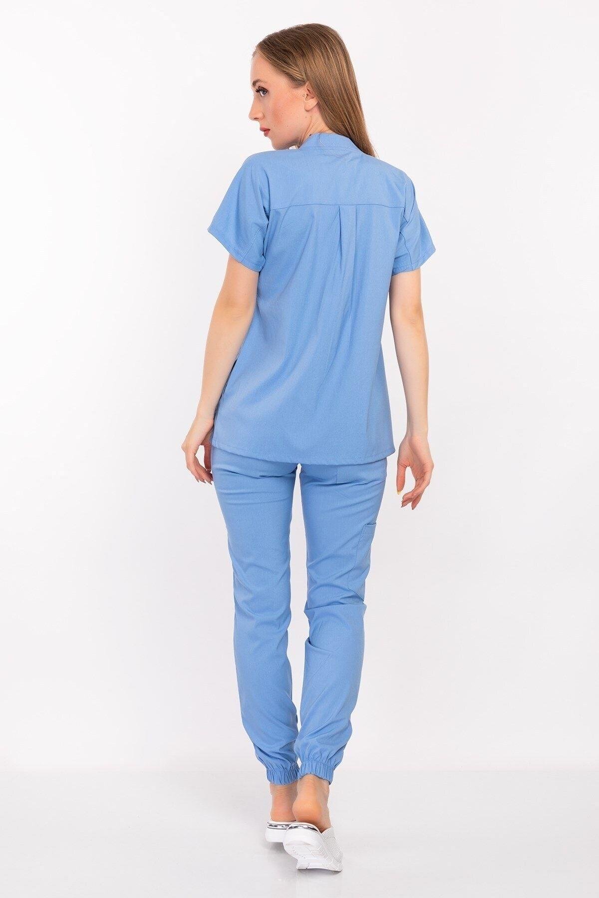 Bebe Mavi Renk Çağla Model Soft Likra Çıt Çıtlı Hakim Yaka Doktor Hemşire Hastane Cerrahi Takım-Nur Medikal Giyim