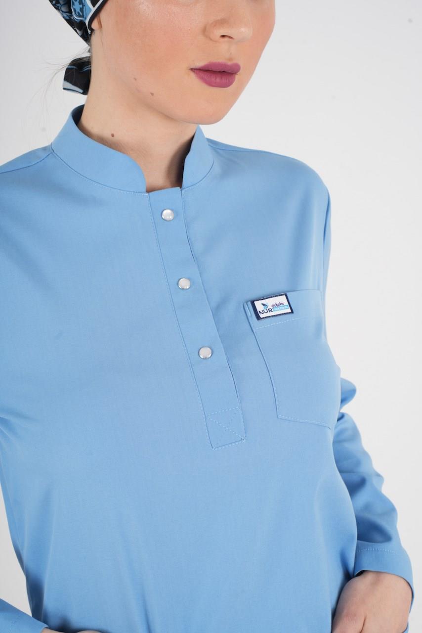 Bebe Mavi Renk Sakur Model Tesettür Doktor Hemşire Scrubs Üniforma Takımı-Nur Medikal Giyim