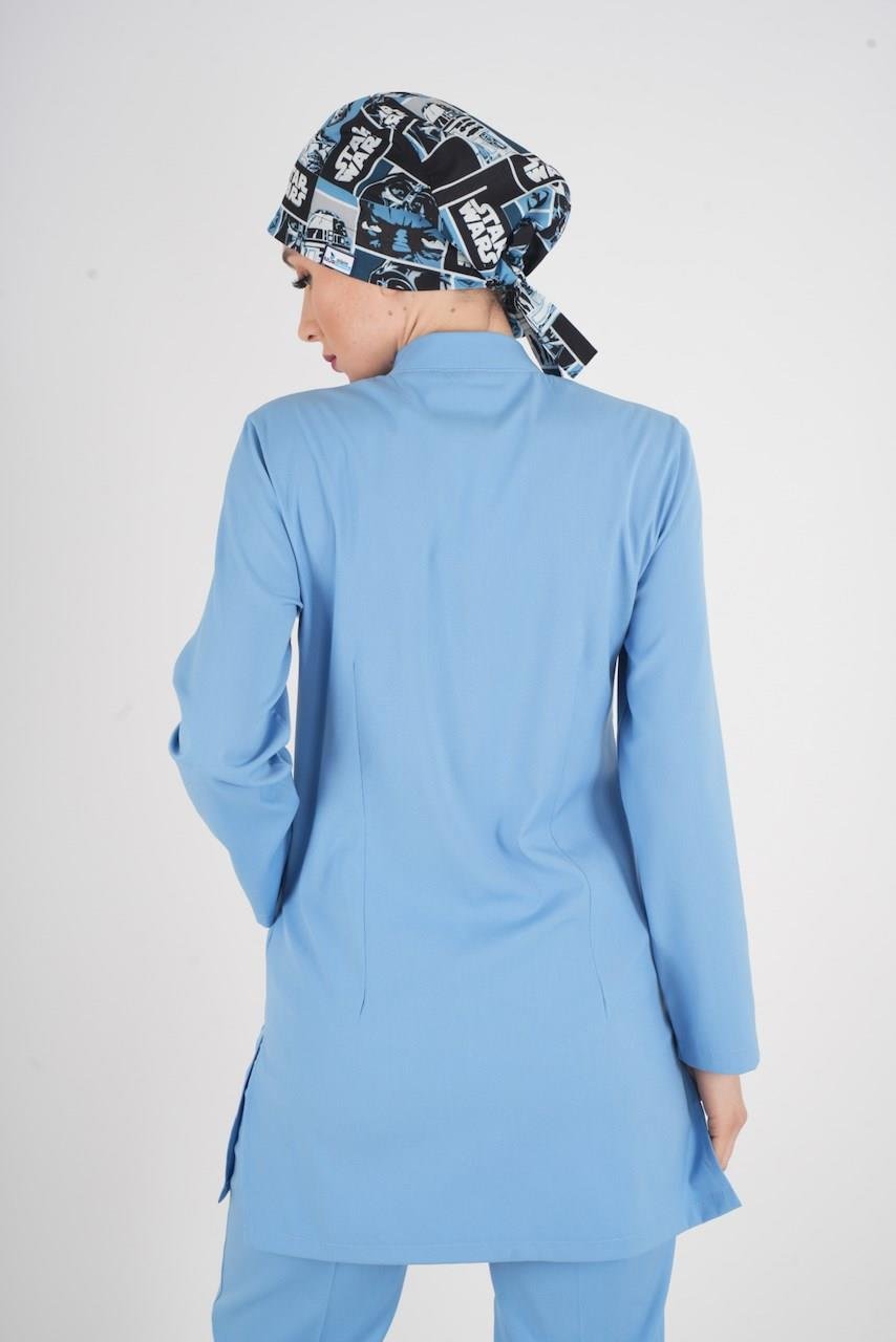 Bebe Mavi Renk Sakur Model Tesettür Doktor Hemşire Scrubs Üniforma Takımı-Nur Medikal Giyim