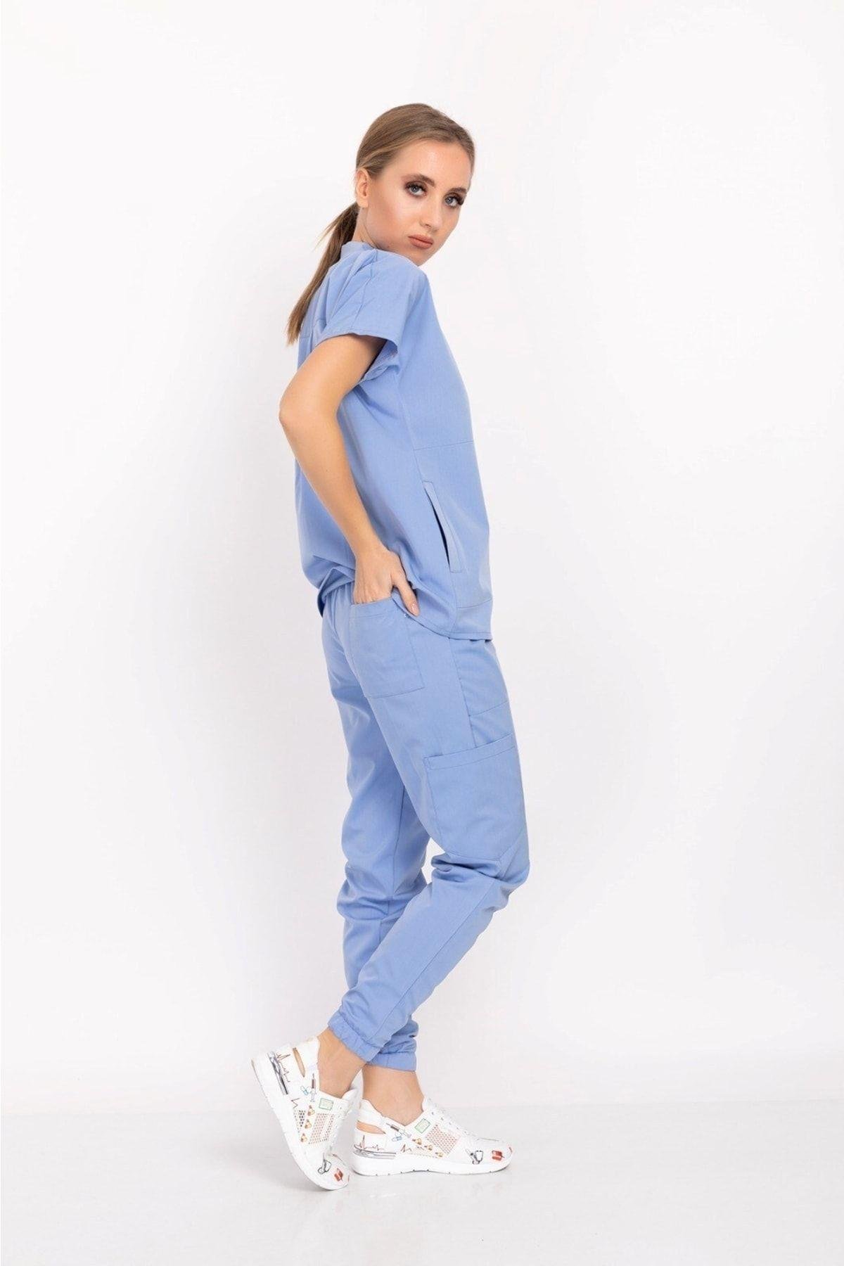Bebe Mavisi Çağla Model Elit Likra Hakim Yaka Çıt Çıtlı Doktor Hemşire Üniforma Takım-Nur Medikal Giyim