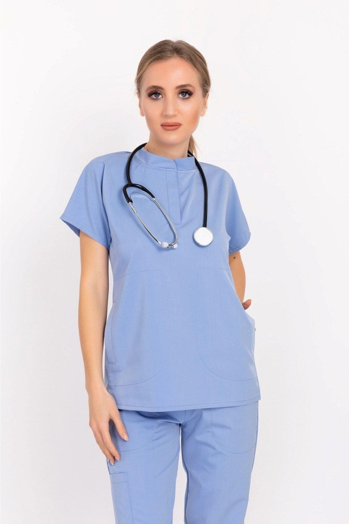 Bebe Mavisi Çağla Model Elit Likra Hakim Yaka Çıt Çıtlı Doktor Hemşire Üniforma Takım-Nur Medikal Giyim