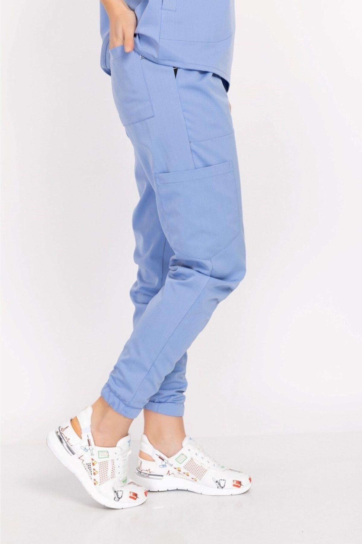 Bebe Mavisi Çağla Model Elit Likra Hakim Yaka Çıt Çıtlı Doktor Hemşire Üniforma Takım-Nur Medikal Giyim