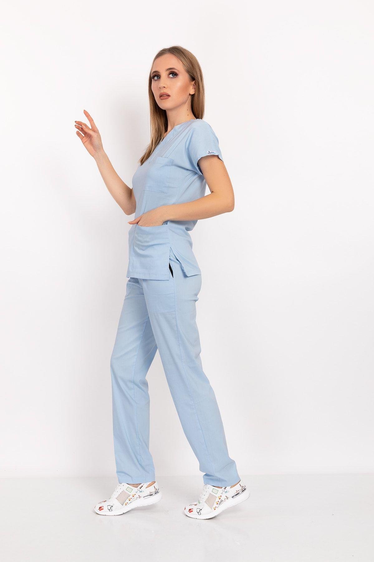 Bebe Mavisi Terikoton Unisex Doktor Hemşire Hastane Scrubs Üniforma Takımı-Nur Medikal Giyim