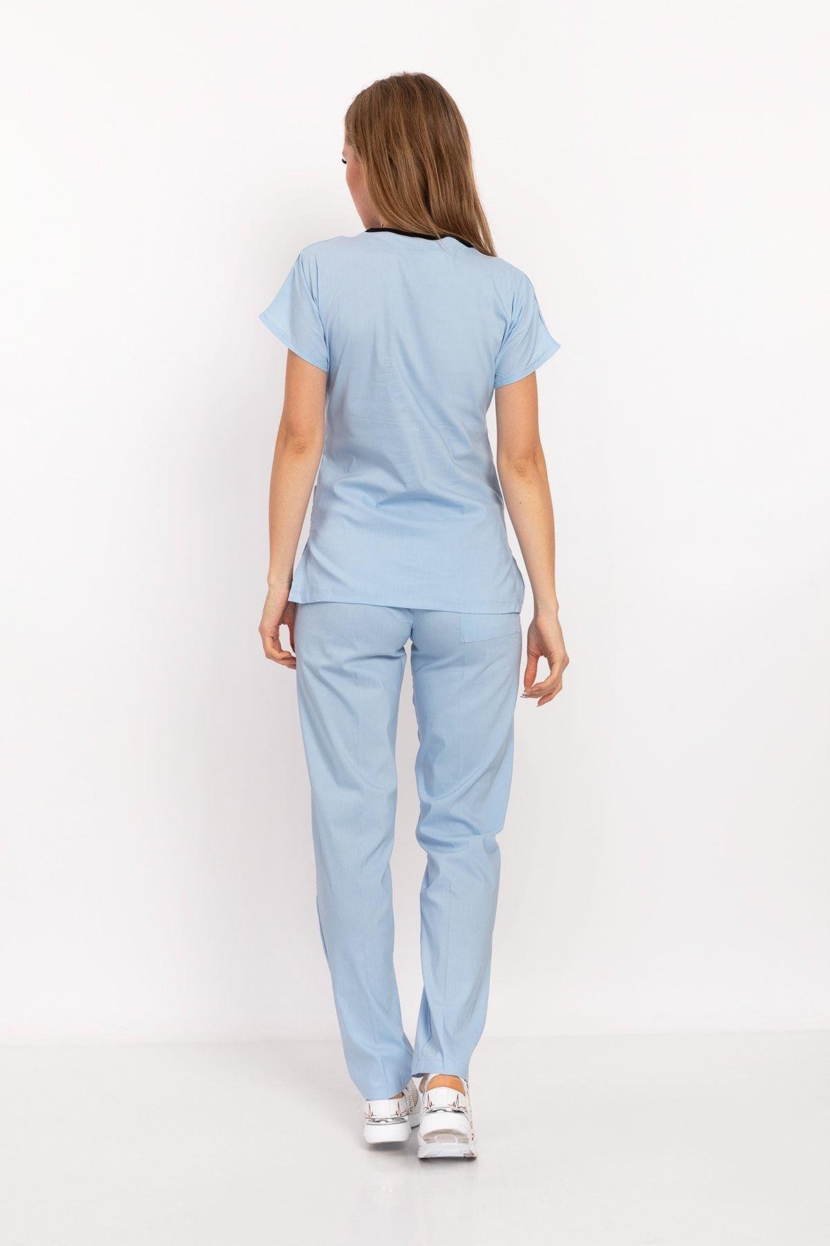 Bebe Mavisi Terikoton Unisex Doktor Hemşire Hastane Scrubs Üniforma Takımı-Nur Medikal Giyim