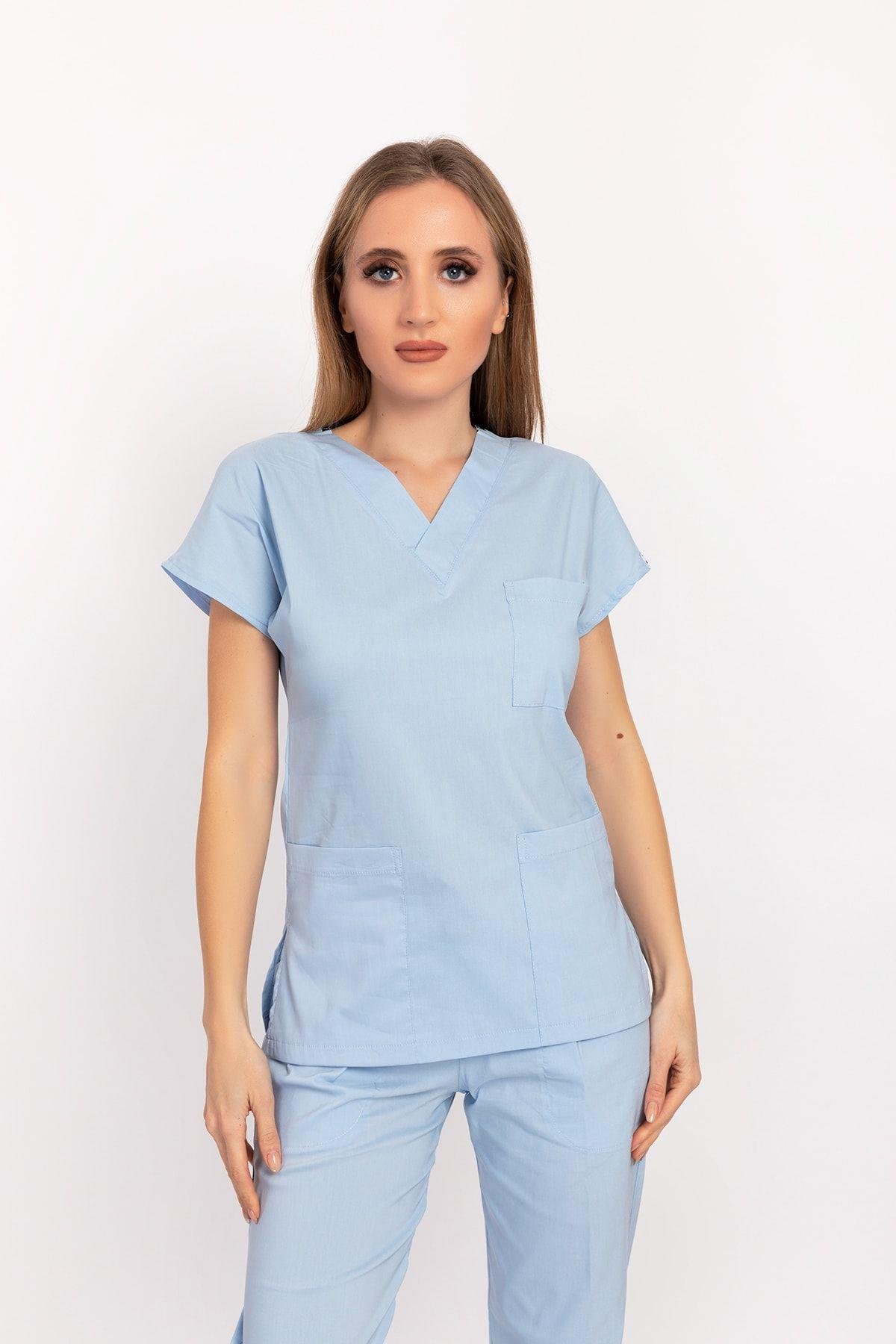 Bebe Mavisi Terikoton Unisex Doktor Hemşire Hastane Scrubs Üniforma Takımı-Nur Medikal Giyim