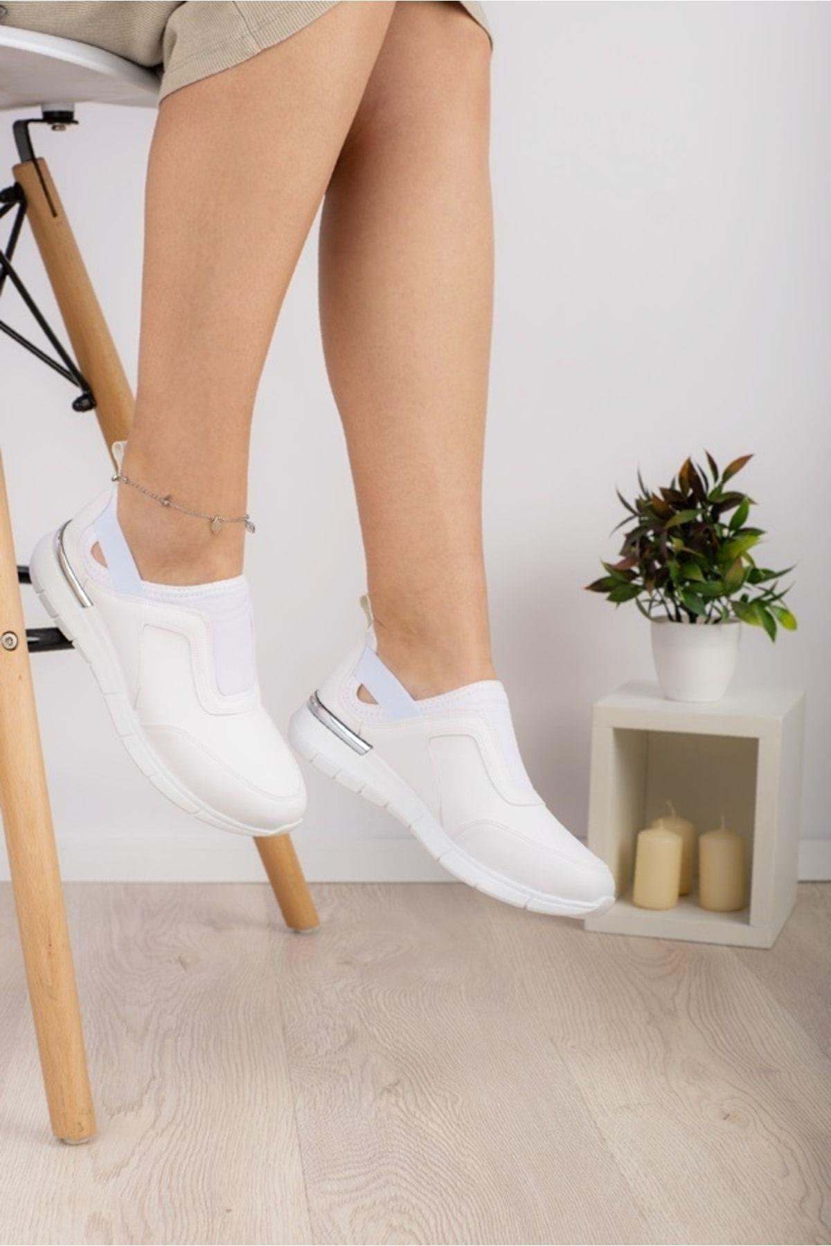 Beyaz Aynalı Streç Ortopedik Spor Ayakkabı-Nur Ortopedi