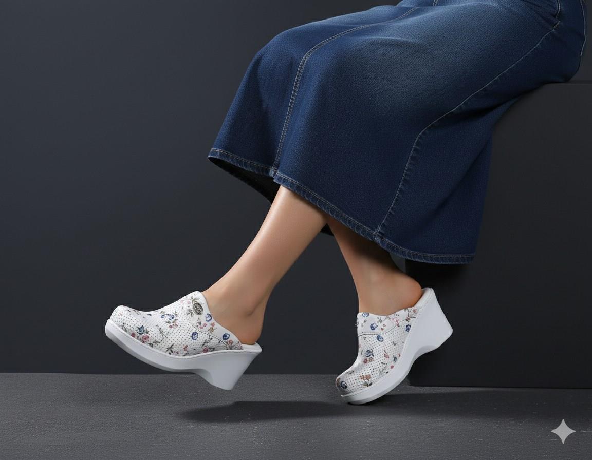 Beyaz Çiçekli Delikli Dolgu Topuklu Kadın Sabo Ortopedik Hemşire Doktor Aşçı Günlük Terlik-Nur Ortopedi