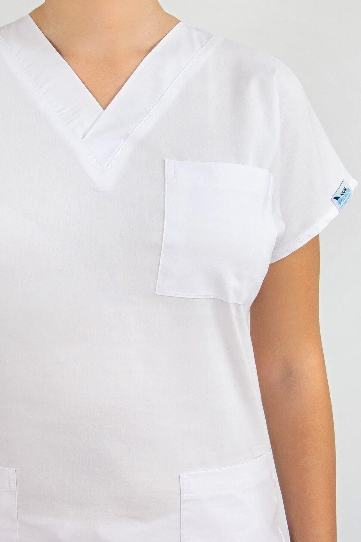 Beyaz Likralı Alt Üst Takım-Nur Medikal Giyim