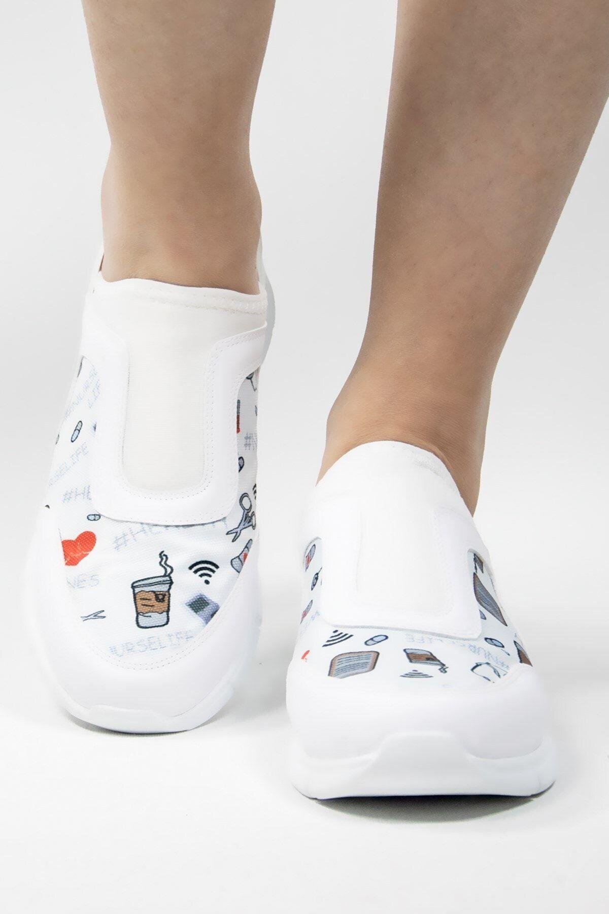 Beyaz Nurse Life, Aynalı Streç Ortopedik Spor Ayakkabı-Nur Ortopedi