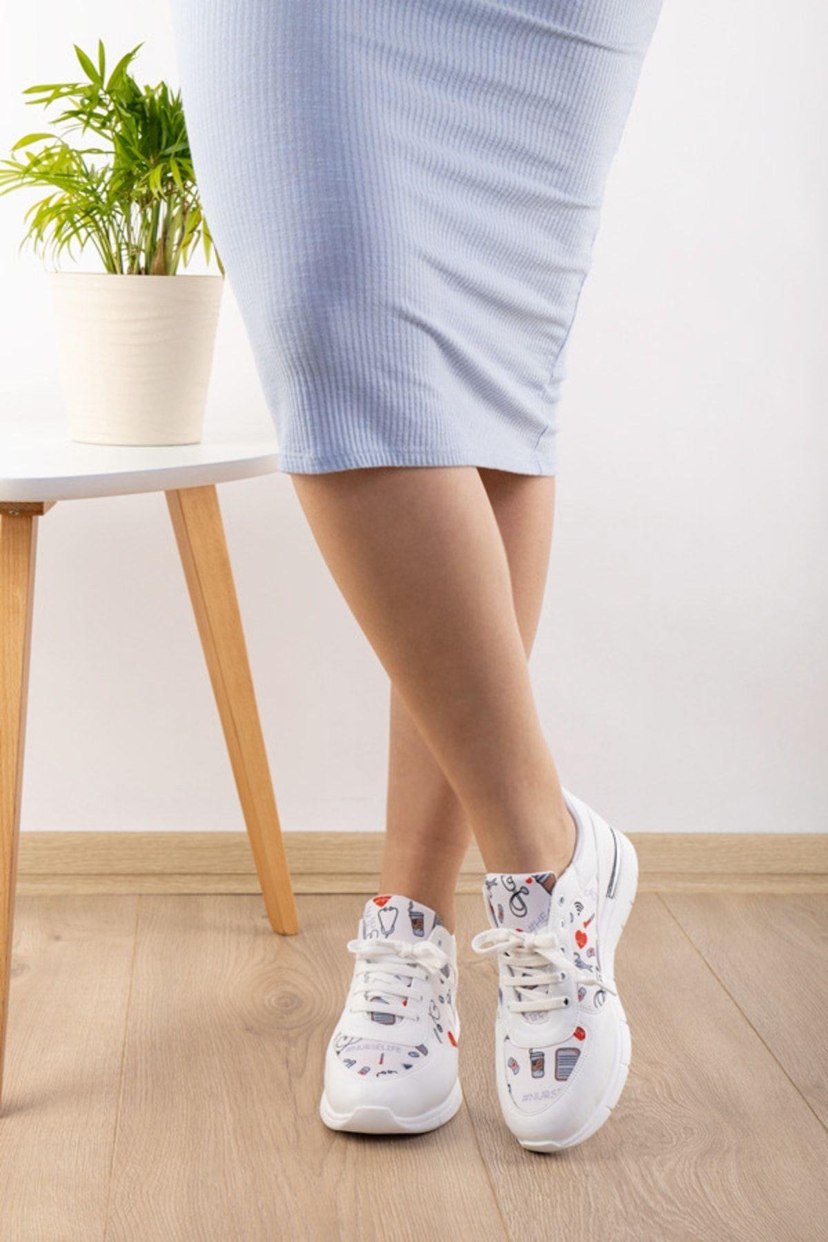 Beyaz Nurse Life Bağcıklı Ortopedik Doktor Hemşire Spor Ayakkabı-Nur Ortopedi