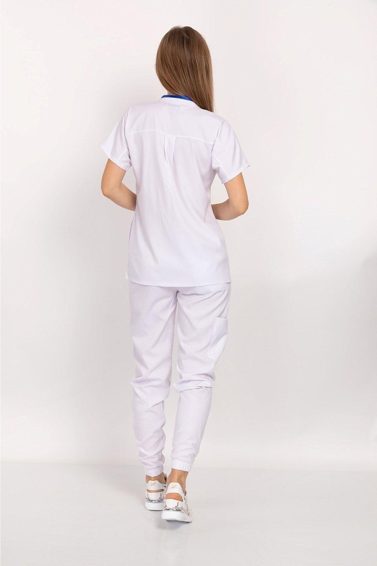 Beyaz Renk Çıt Çıtlı Hakim Yaka Soft Likra Doktor, Hemşire, Hastane, Nöbet Forma Takım-Nur Medikal Giyim