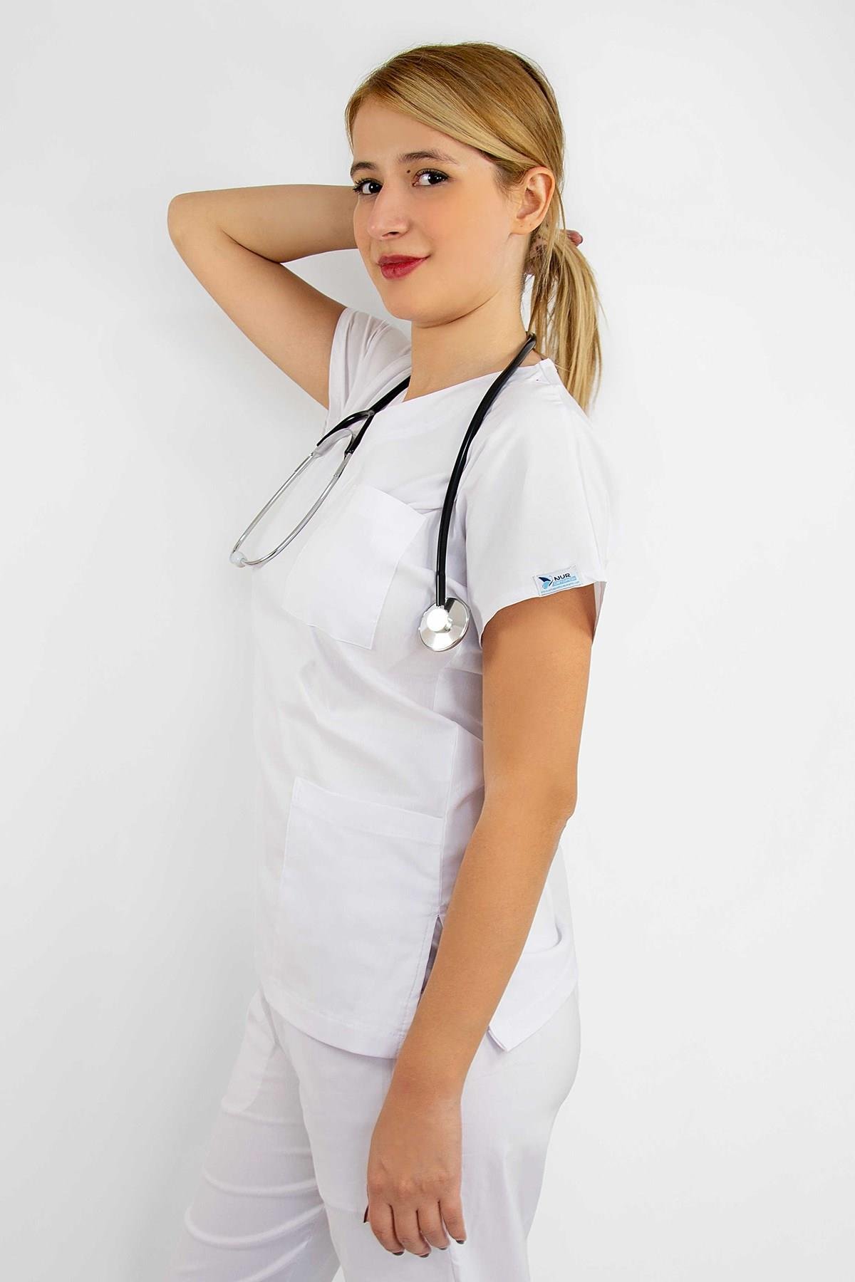 Beyaz Soft Likra Hemşire Hastane Doktor Cerrahi Takım Üniforma-Nur Medikal Giyim