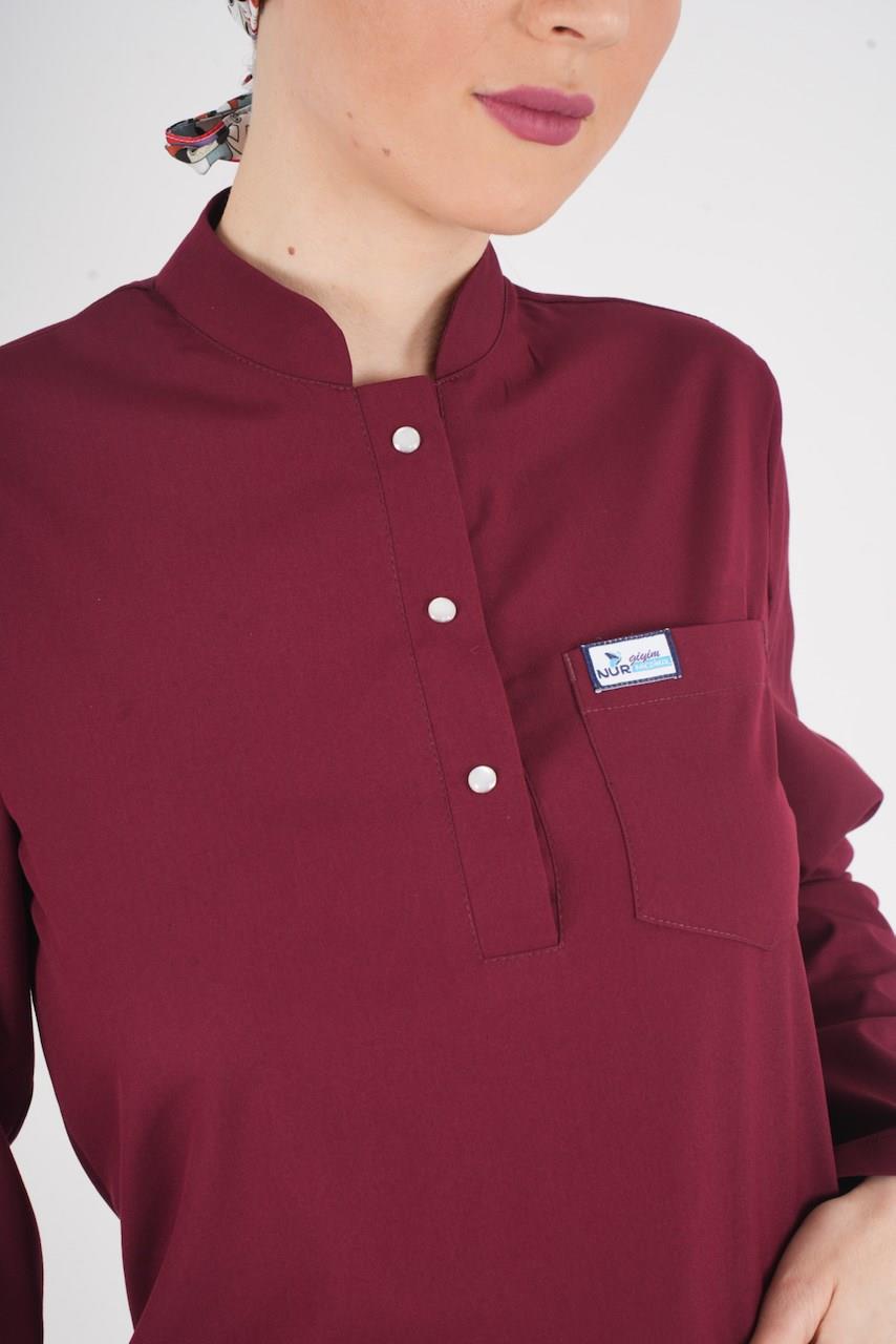 Bordo Renk Sakura Model Tesettür Doktor Hemşire Scrubs Üniforma Takımı-Nur Medikal Giyim