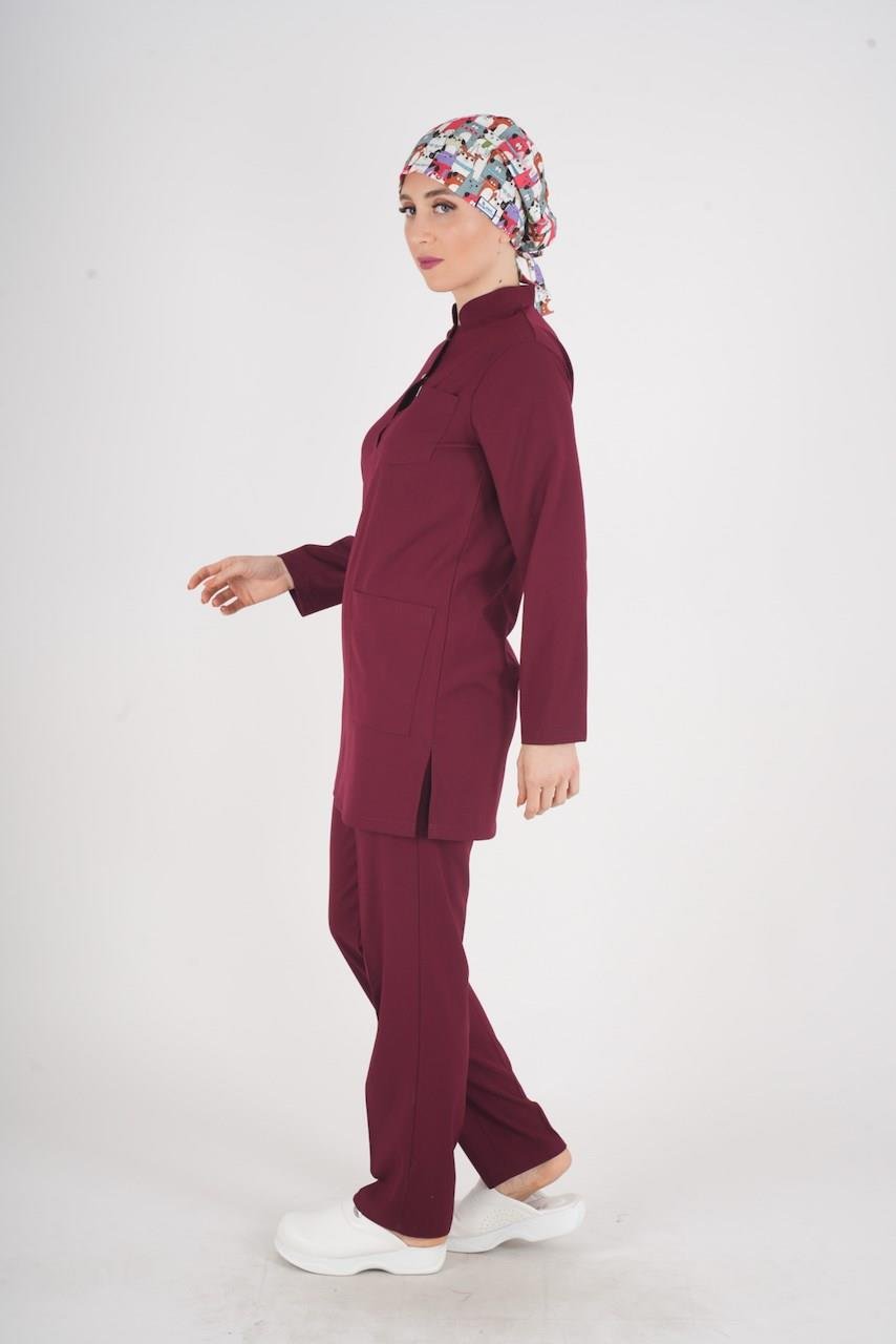 Bordo Renk Sakura Model Tesettür Doktor Hemşire Scrubs Üniforma Takımı-Nur Medikal Giyim