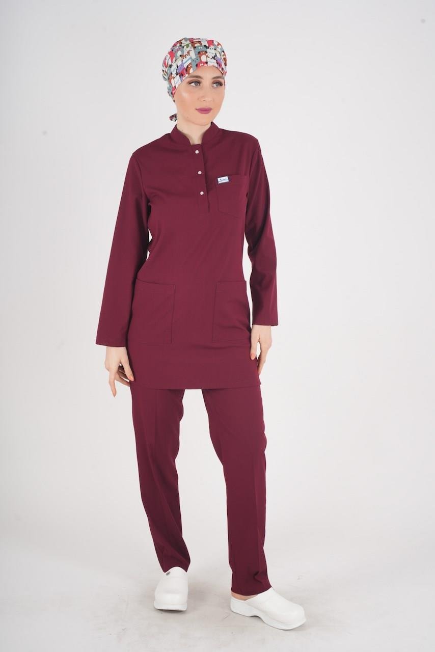 Bordo Renk Sakura Model Tesettür Doktor Hemşire Scrubs Üniforma Takımı-Nur Medikal Giyim