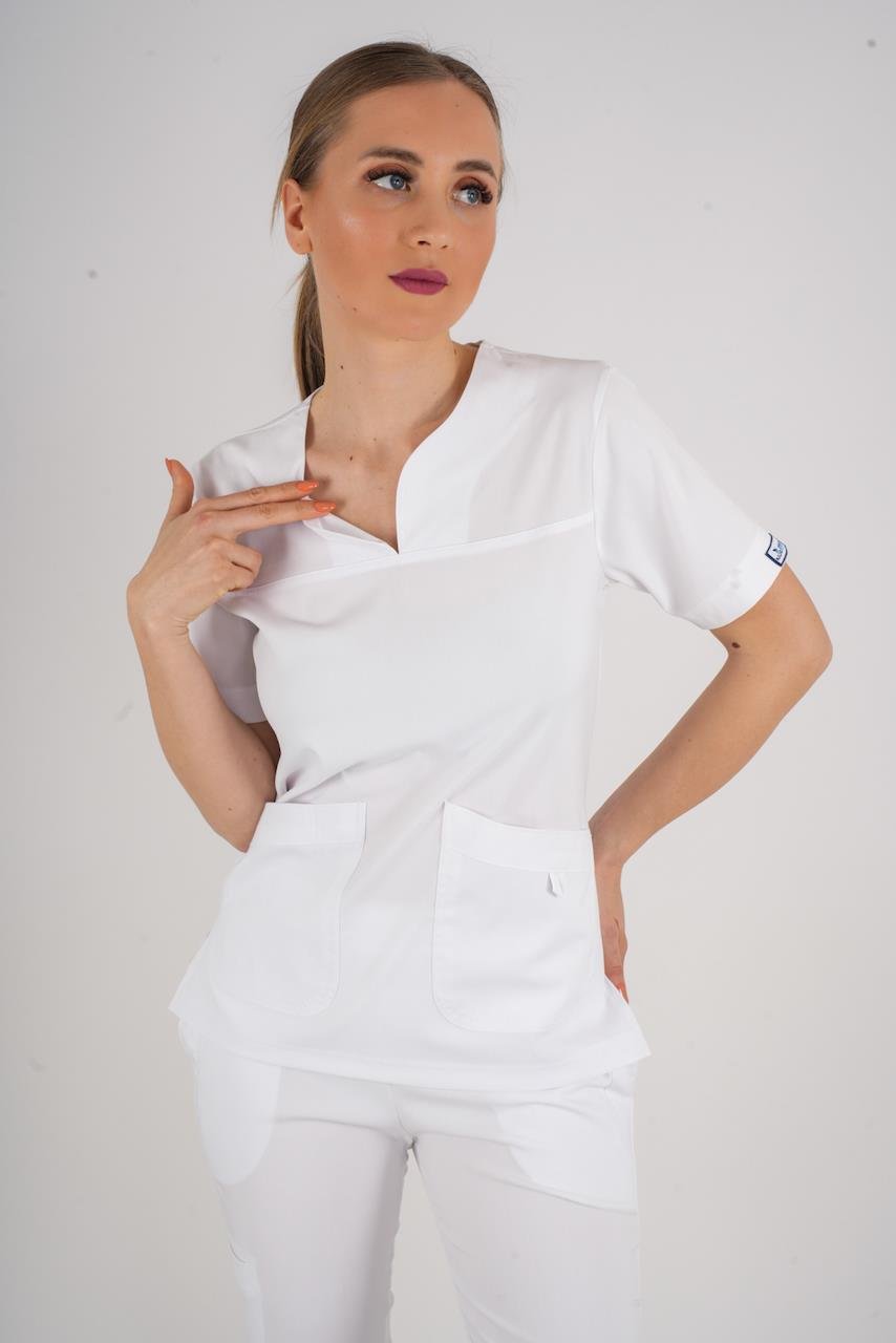 Business Model Soft Likra Beyaz  Doktor Hemşire Hastane Scrubs Üniforma Takımı-Nur Medikal Giyim