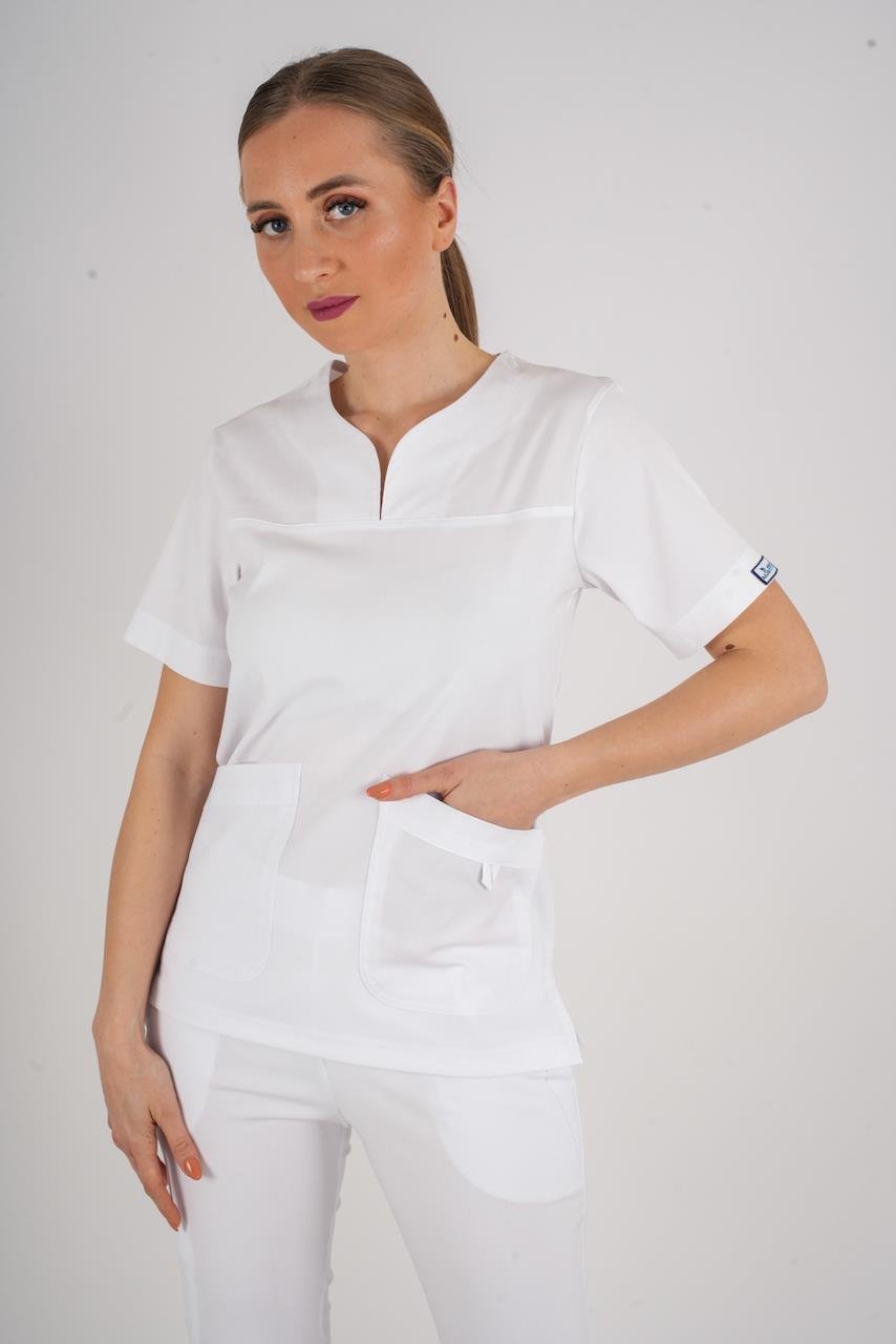Business Model Soft Likra Beyaz  Doktor Hemşire Hastane Scrubs Üniforma Takımı-Nur Medikal Giyim