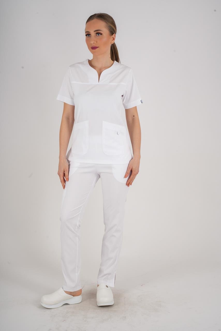 Business Model Soft Likra Beyaz  Doktor Hemşire Hastane Scrubs Üniforma Takımı-Nur Medikal Giyim