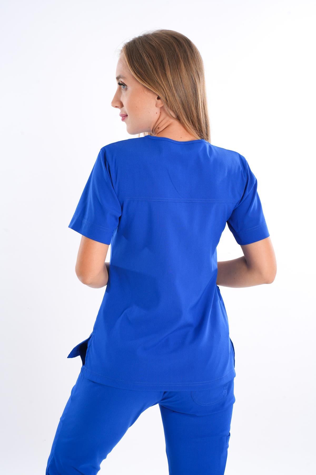 Business Model Soft Likra Saks Mavi Doktor Hemşire Hastane Scrubs Üniforma Takımı-Nur Medikal Giyim