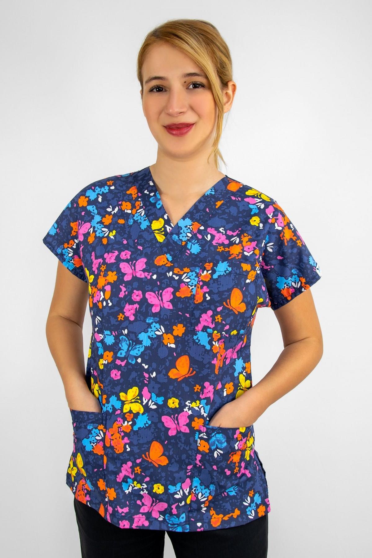 Butterfly Kelebek Desenli Likralı Unisex Doktor Hemşire Üniforma Takım-Nur Medikal Giyim
