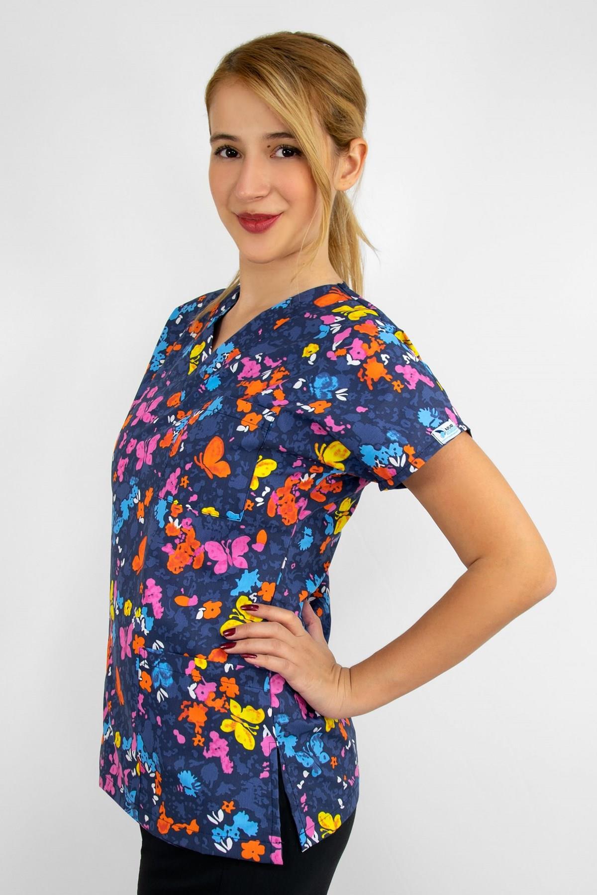 Butterfly Kelebek Desenli Likralı Unisex Doktor Hemşire Üniforma Takım-Nur Medikal Giyim