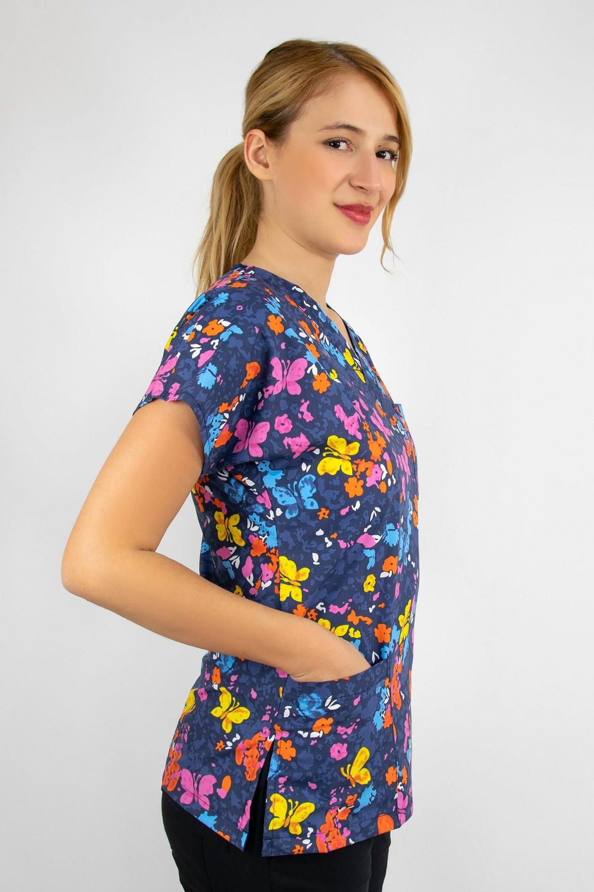 Butterfly Kelebek Desenli Likralı Unisex Doktor Hemşire Üniforma Takım-Nur Medikal Giyim