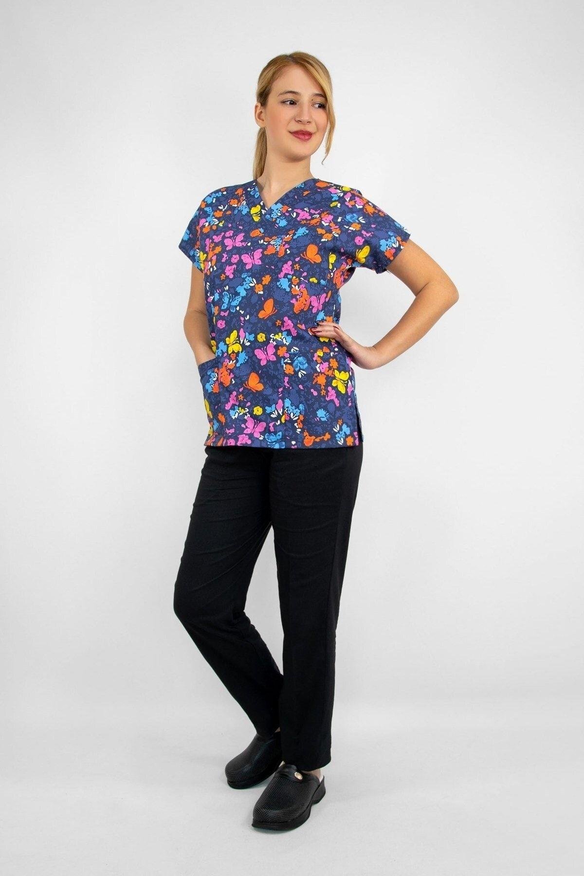 Butterfly Kelebek Desenli Likralı Unisex Doktor Hemşire Forma Alt Üst Takım-Nur Medikal Giyim