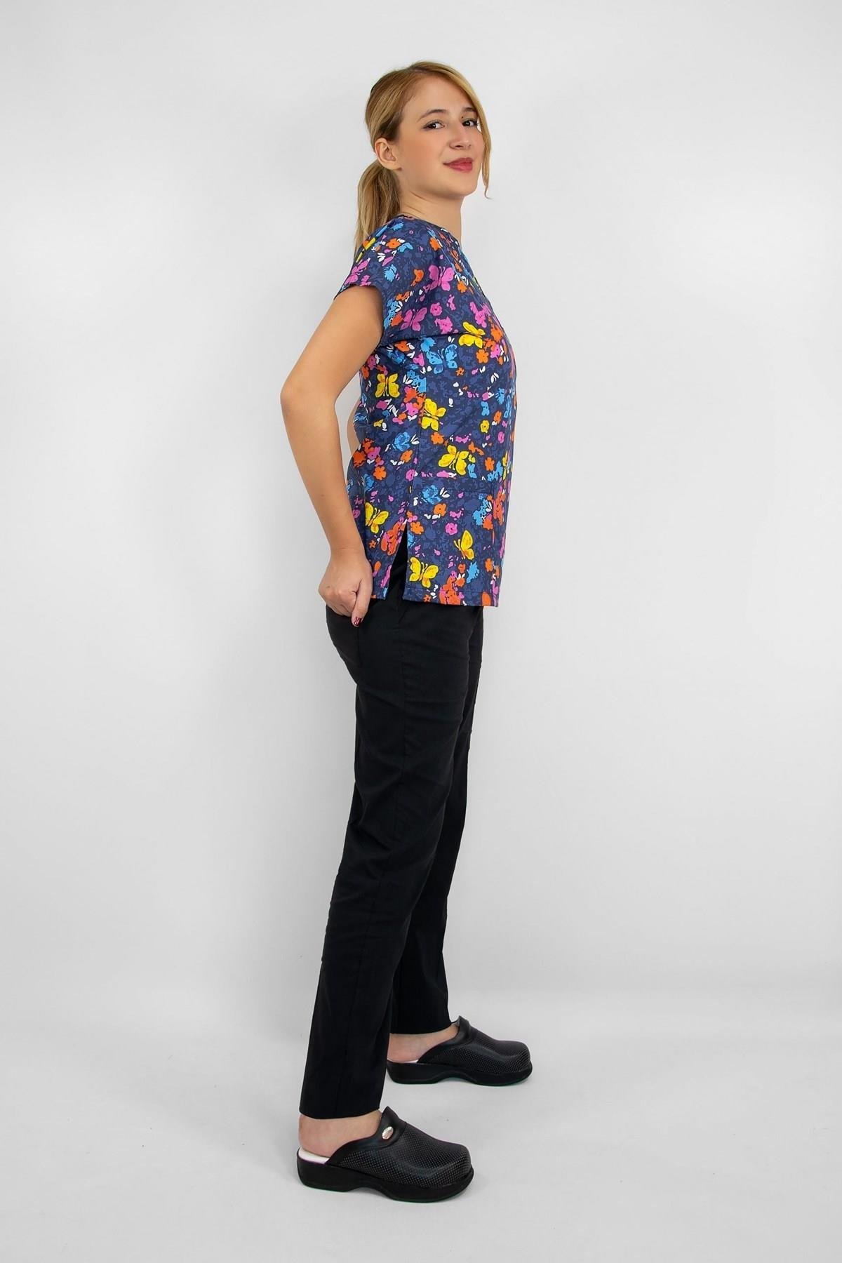 Butterfly Kelebek Desenli Likralı Unisex Doktor Hemşire Üniforma Takım-Nur Medikal Giyim