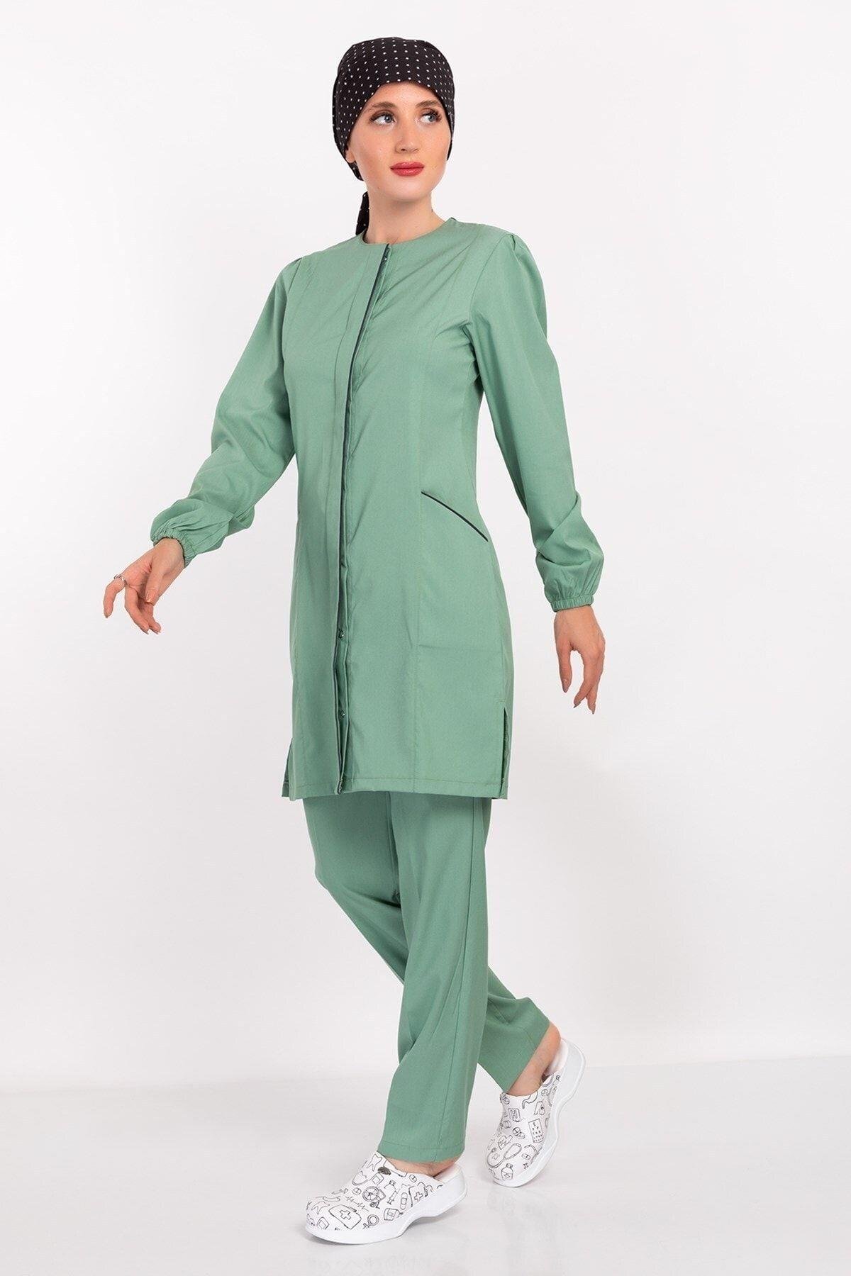 Çağla Yeşili Tesettür Soft Likra Hemşire Doktor Tesettür Alt Üst Takım Üniforma-Nur Medikal Giyim
