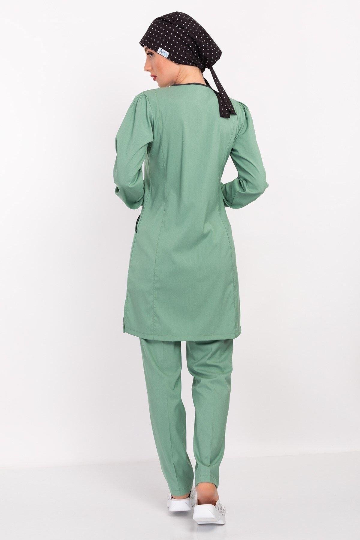 Çağla Yeşili Tesettür Soft Likra Hemşire Doktor Tesettür Alt Üst Takım Üniforma-Nur Medikal Giyim