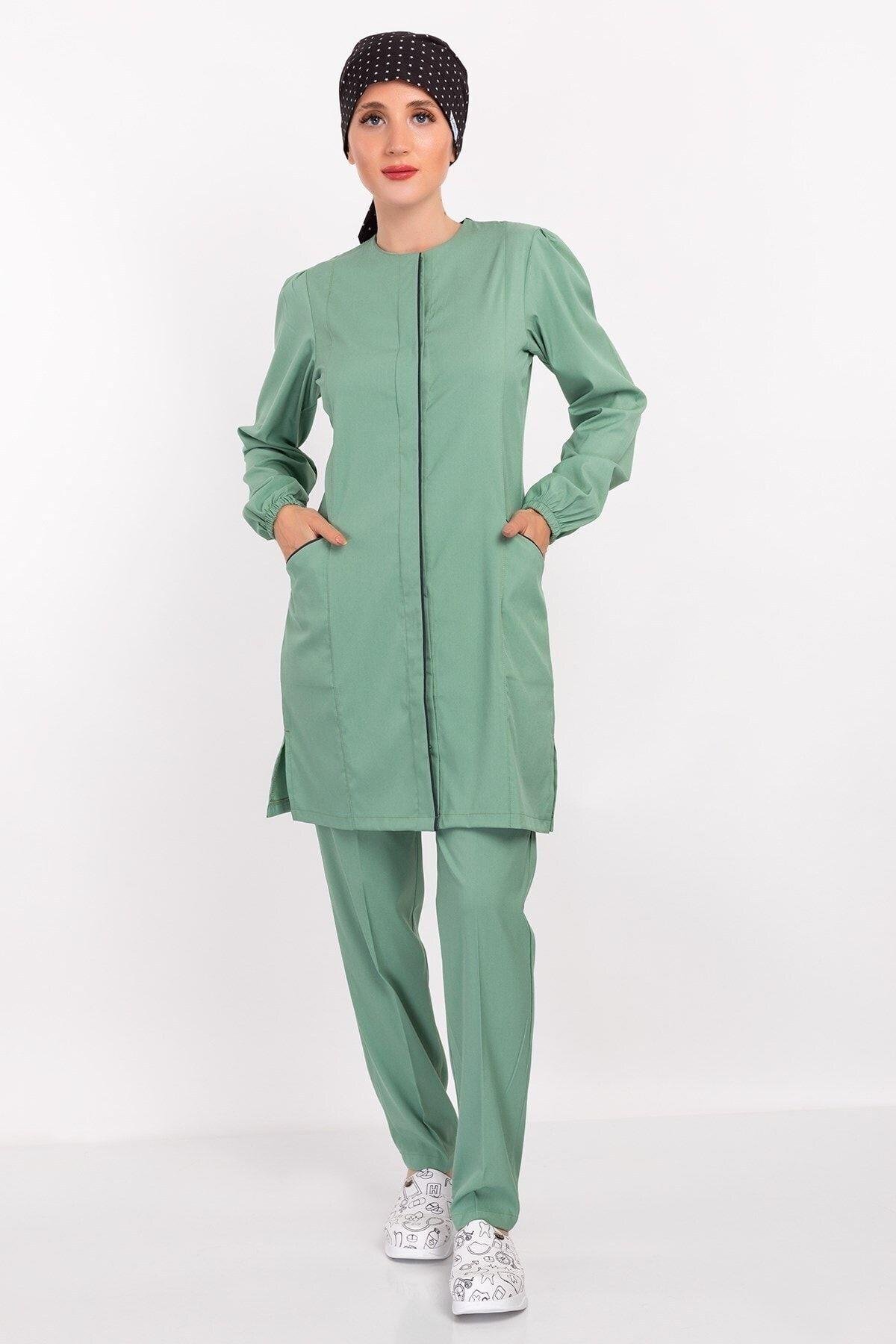 Çağla Yeşili Tesettür Soft Likra Hemşire Doktor Tesettür Alt Üst Takım Üniforma-Nur Medikal Giyim