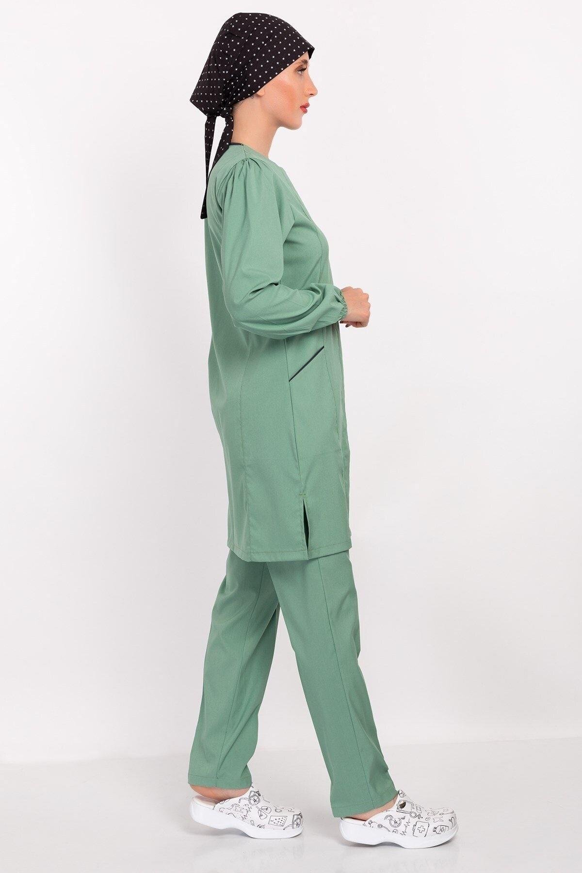 Çağla Yeşili Tesettür Soft Likra Hemşire Doktor Tesettür Alt Üst Takım Üniforma-Nur Medikal Giyim