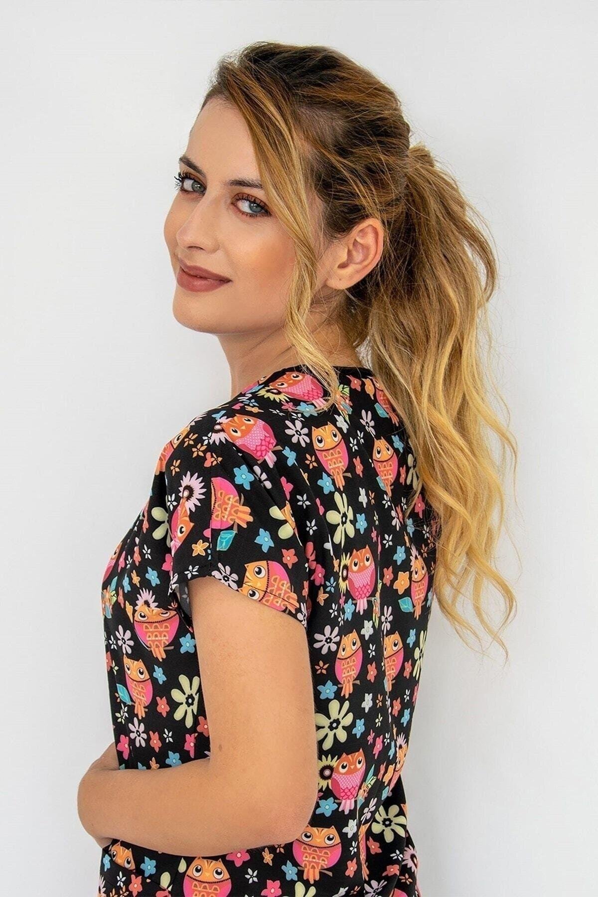 Çiçekli Baykuş Desenli Likralı Tek Üst Doktor, Hemşire Hastane Cerrahi Üniforma Scrubs-Nur Medikal Giyim