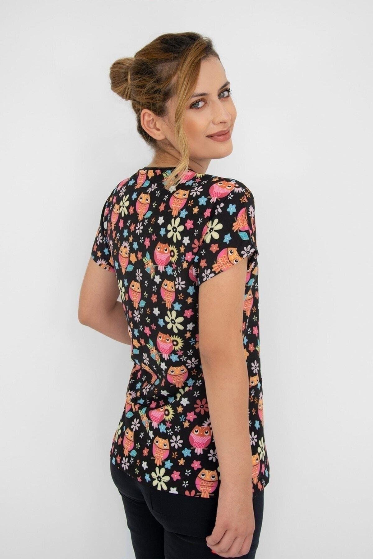 Çiçekli Baykuş Desenli Likralı Tek Üst Doktor, Hemşire Hastane Cerrahi Üniforma Scrubs-Nur Medikal Giyim