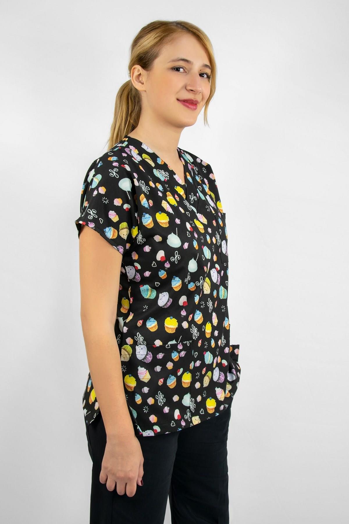 Cup Cake Pasta Desenli Likralı Aşçı Chef Pastacı Üniforma Takım-Nur Medikal Giyim