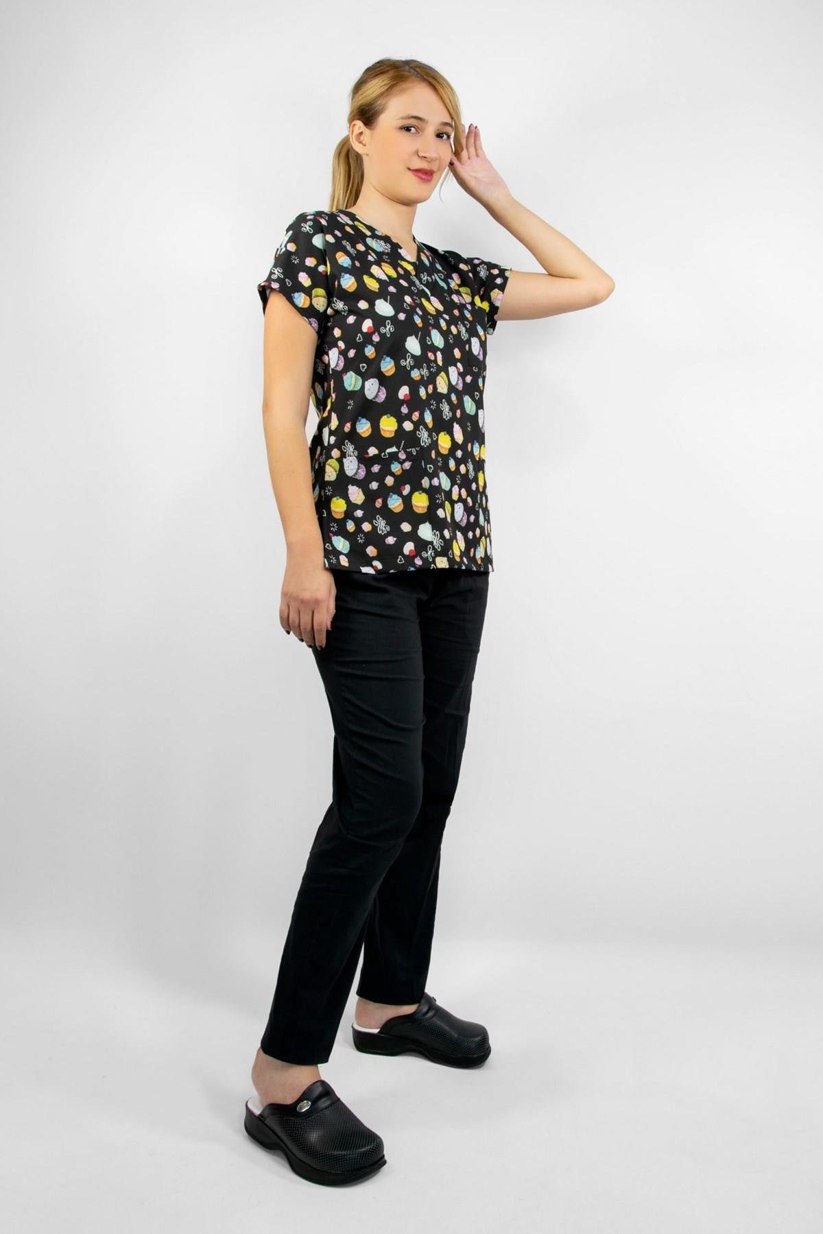 Cup Cake Pasta Desenli Likralı Aşçı Chef Pastacı Üniforma Takım-Nur Medikal Giyim