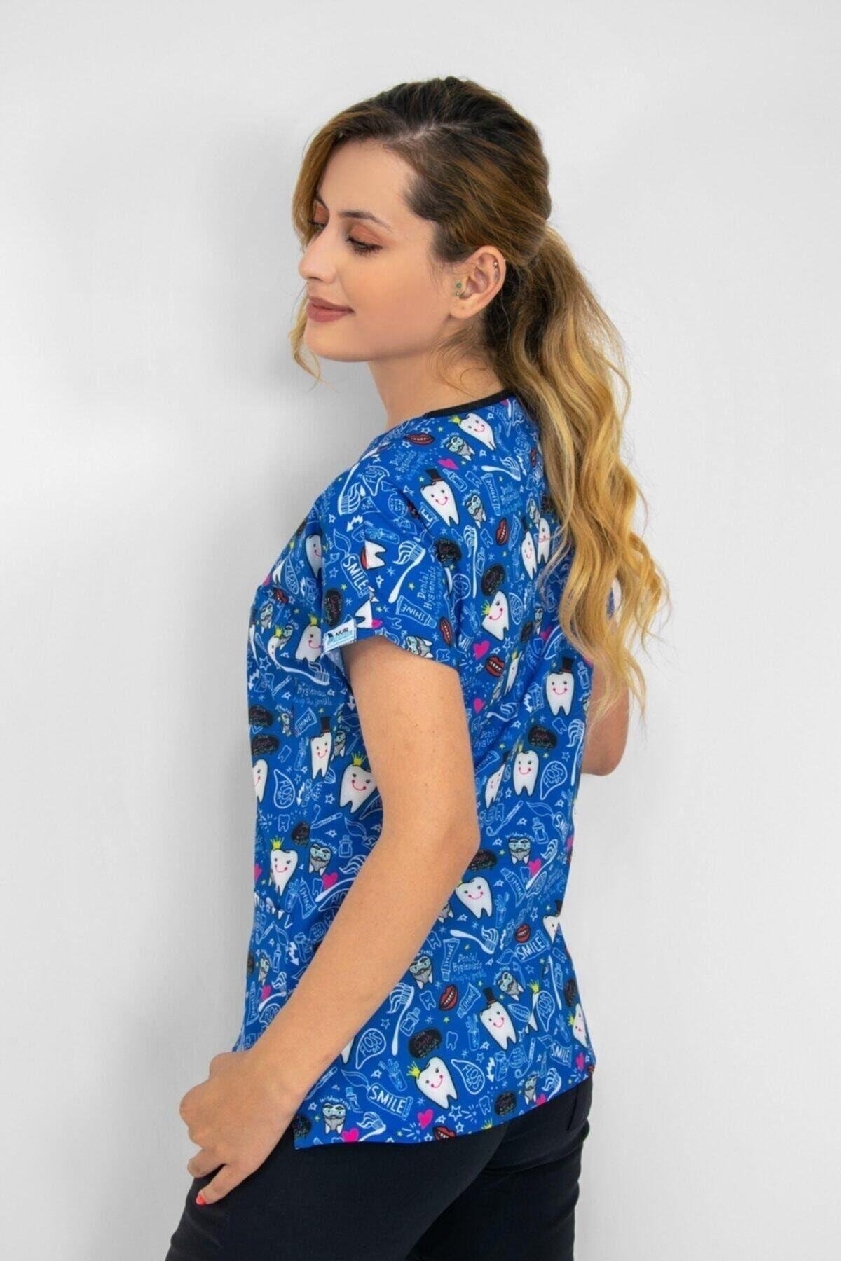 Diş Temalı Lacivert Cerrahi Doktor Hemşire Hastane Likralı Forma Alt Üst Takım-Nur Medikal Giyim