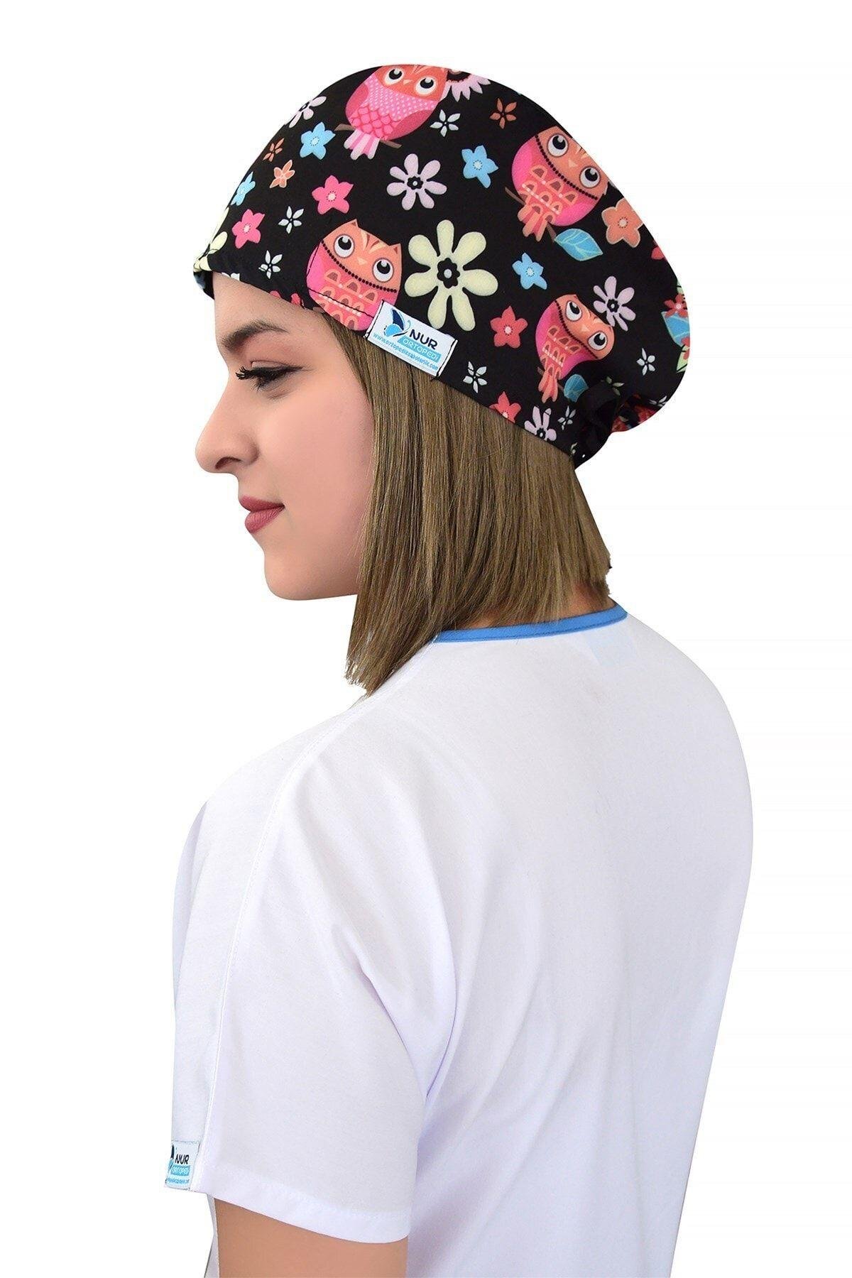 Doktor, Hemşire Bonesi Çiçekli Baykuş Desenli Cerrahi Bone-Nur Medikal Giyim